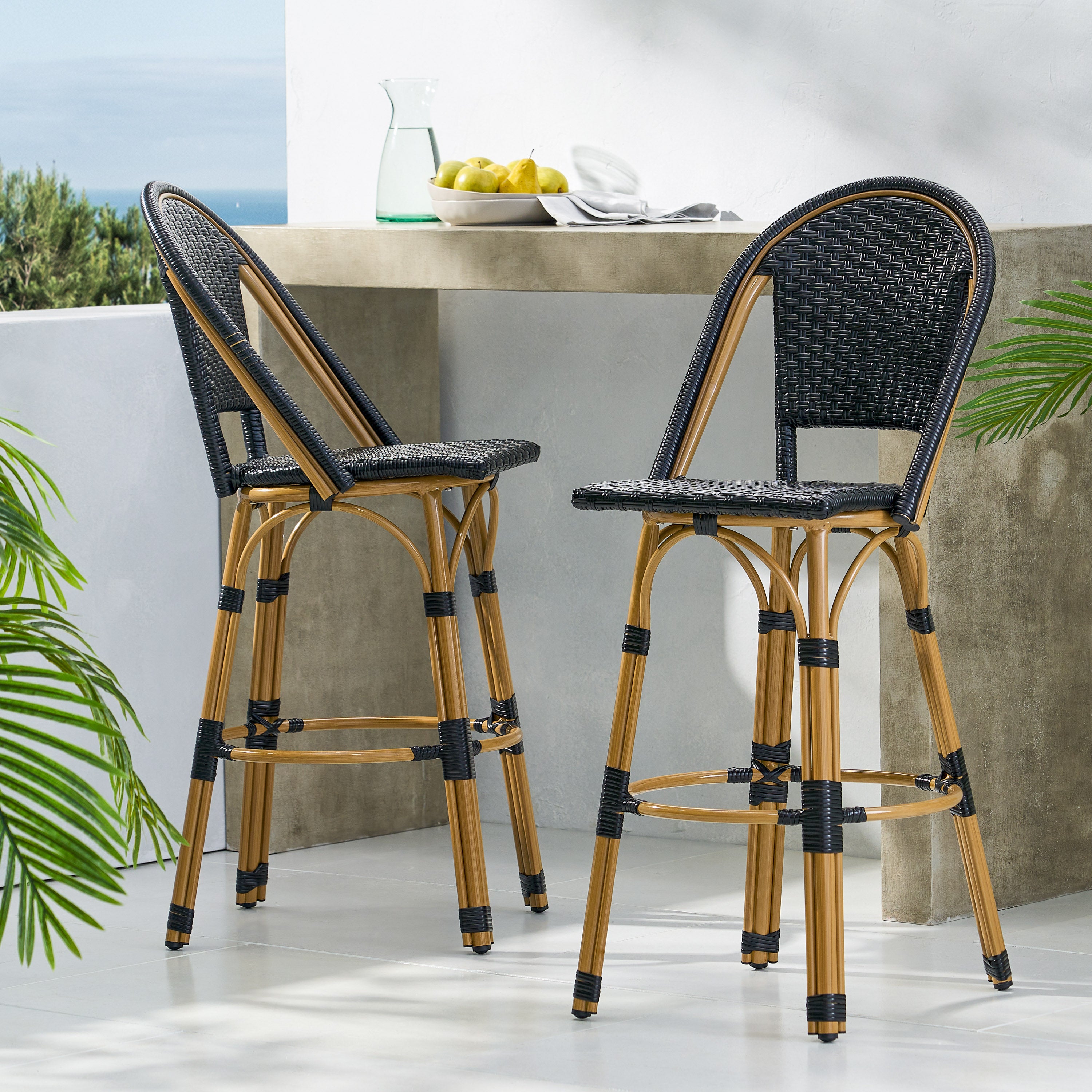 Callisto 29.5" Outdoor Rattan and Aluminum Bar Stool with Curved Back and Footrest