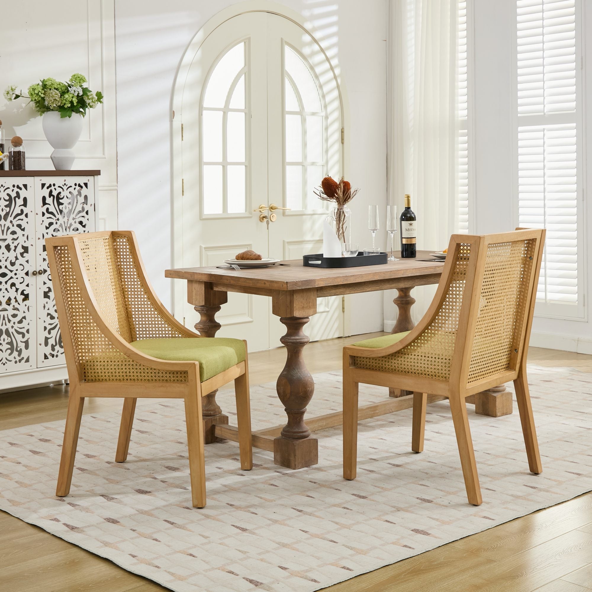 Linen Upholstered Rattan Dining Chair with Decorative Armrests