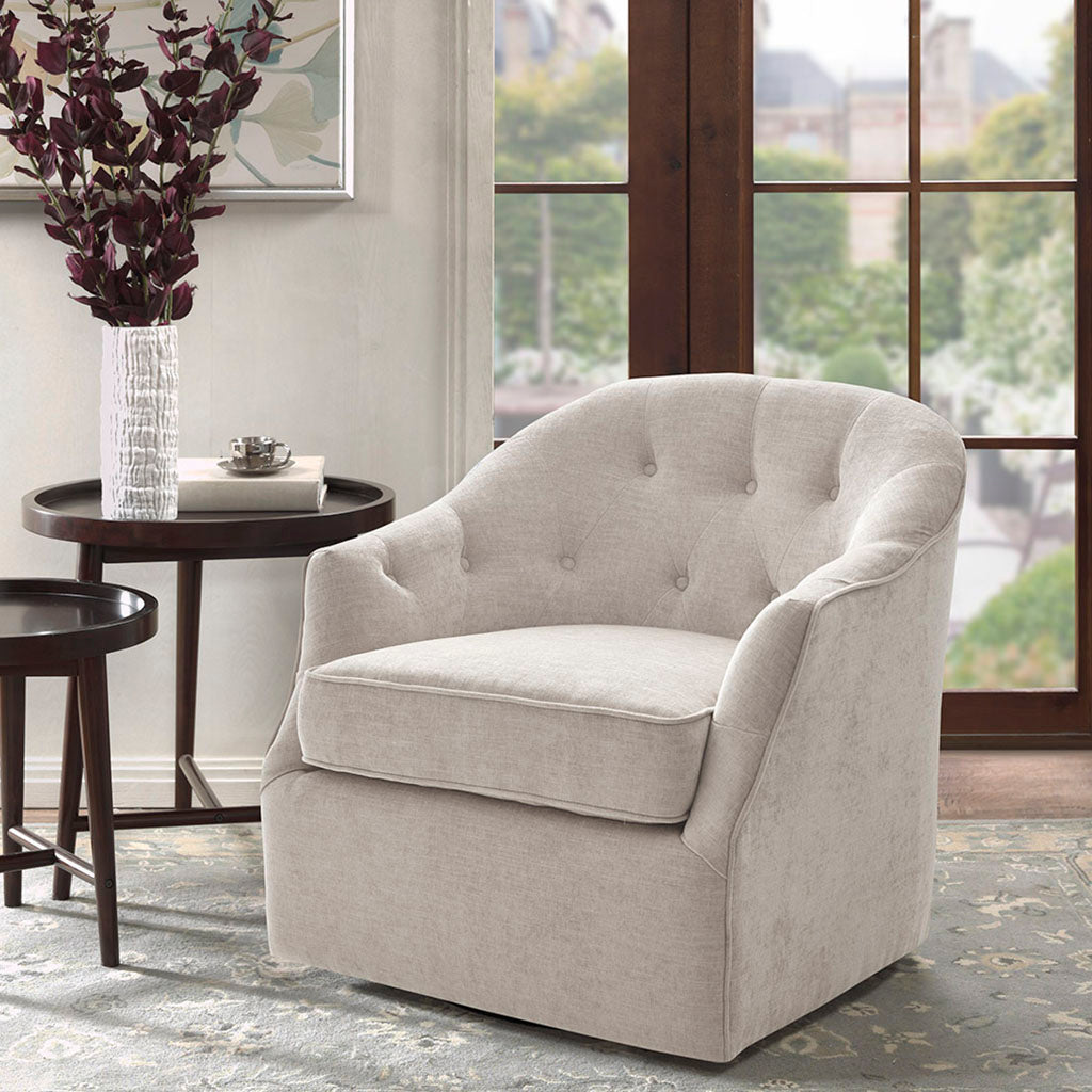 Awakened Swivel Chair with Button Tufted Back and Flared Arms