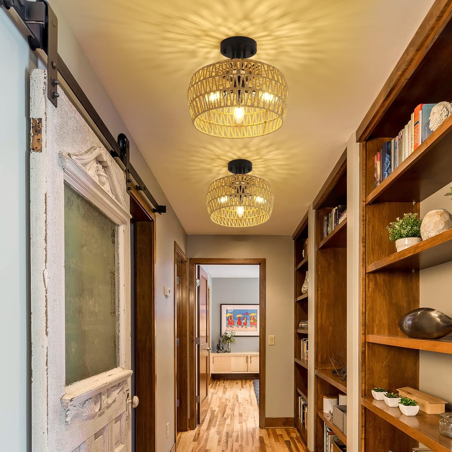 3-Light Semi Flush Mount Ceiling Light with Handmade Wicker Lampshade