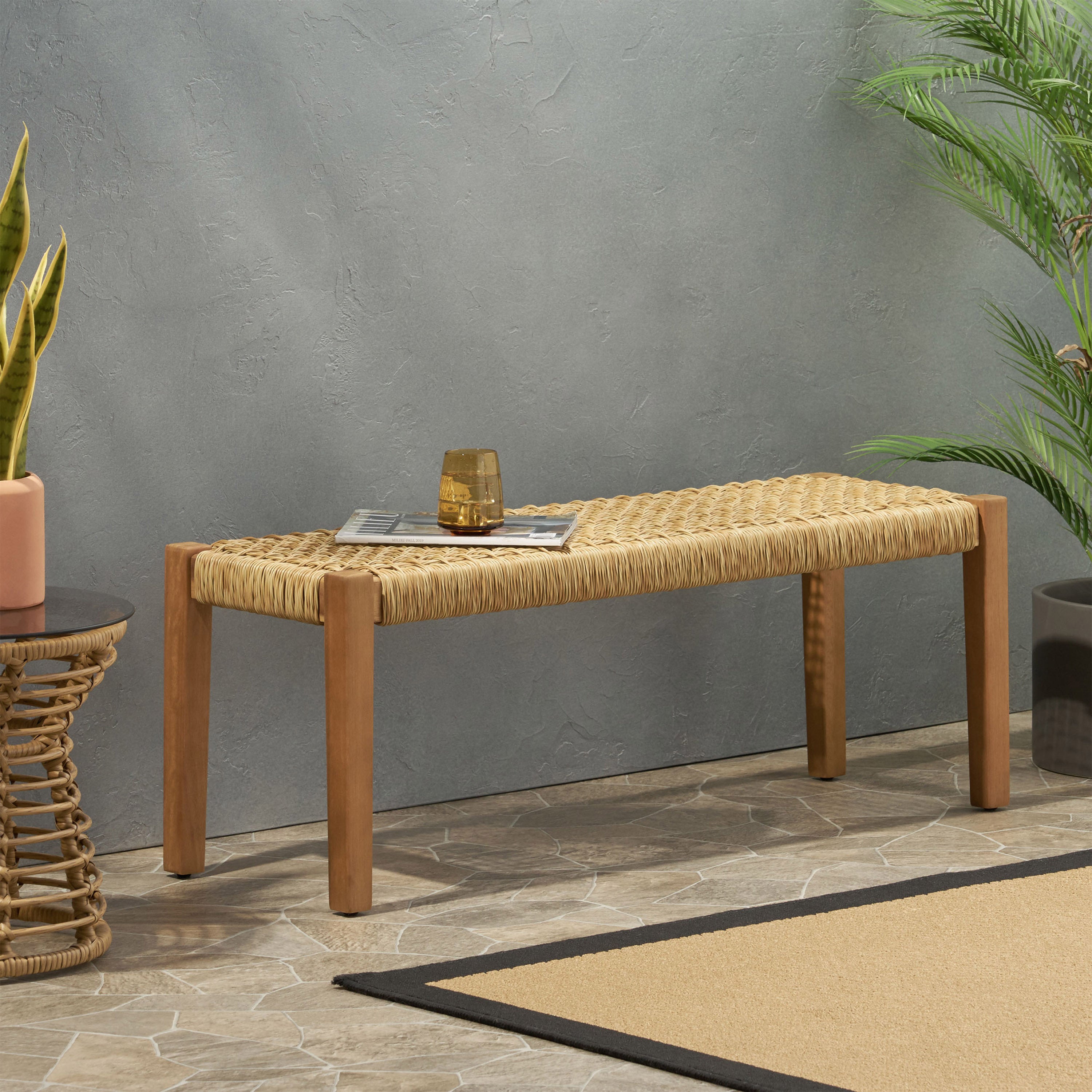 Outdoor Bench with Faux Rattan Seat and Wood Frame