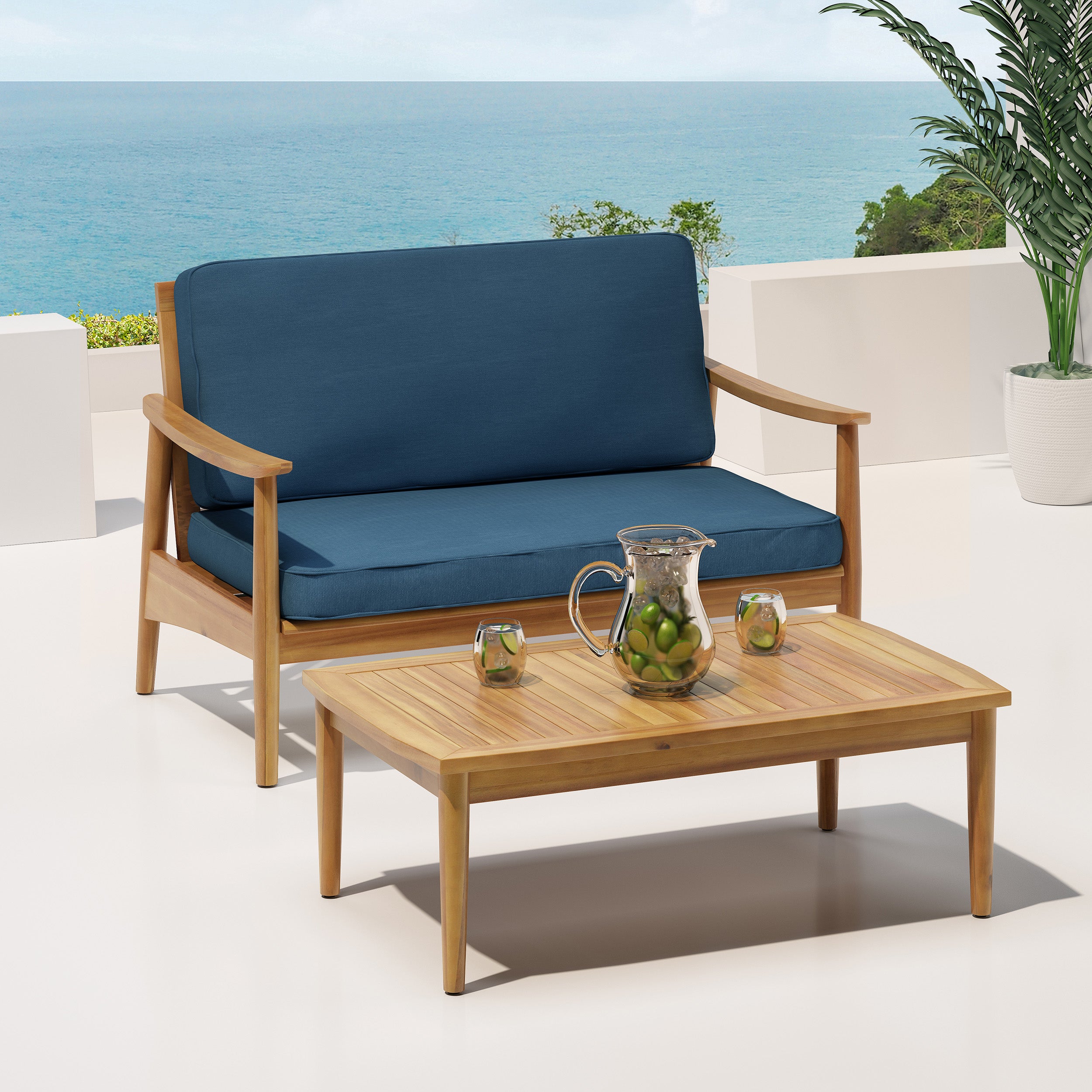 2-Piece Patio Set with Slatted Back Loveseat and Coffee Table