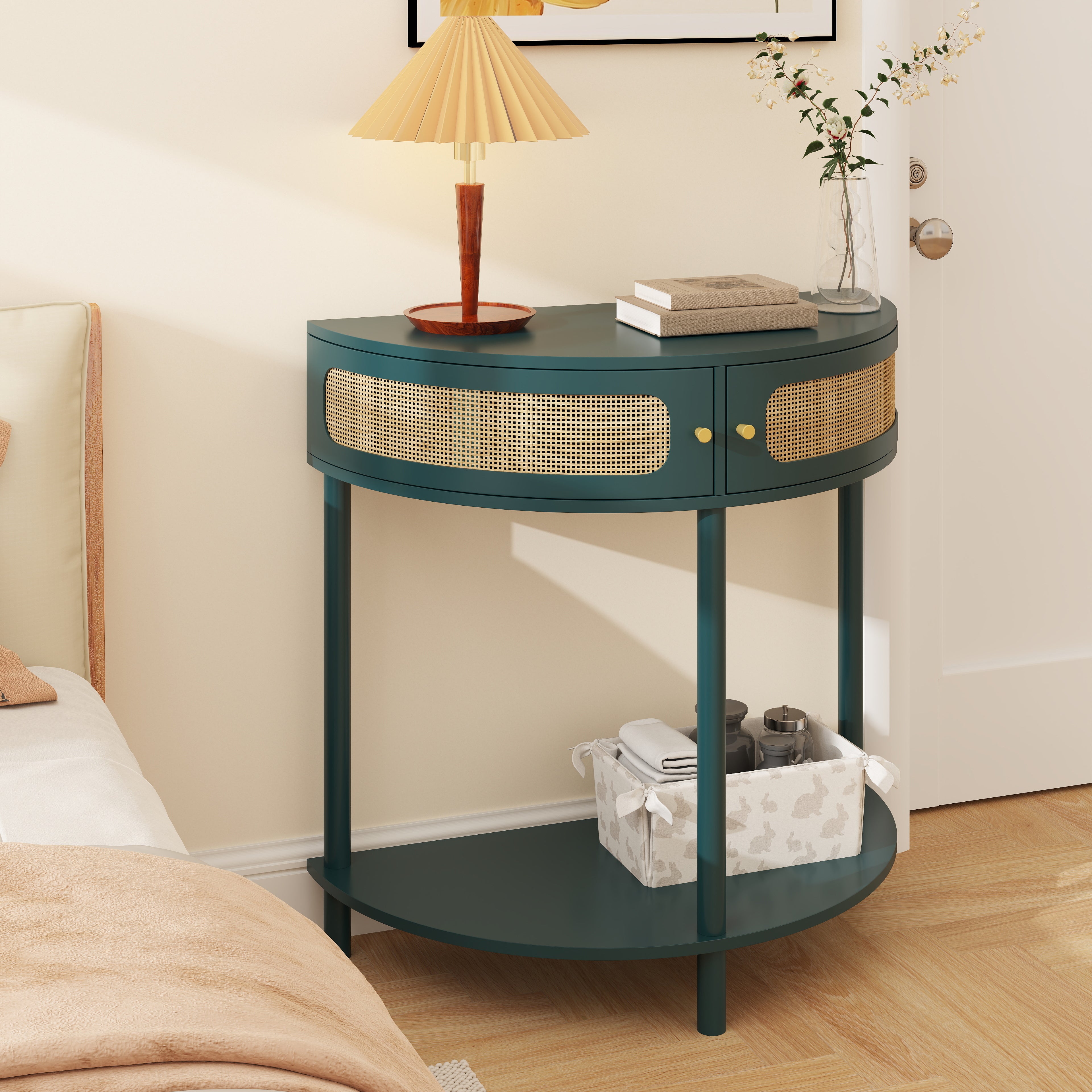 Boho Rattan Semi Circle End Table with Sliding Door