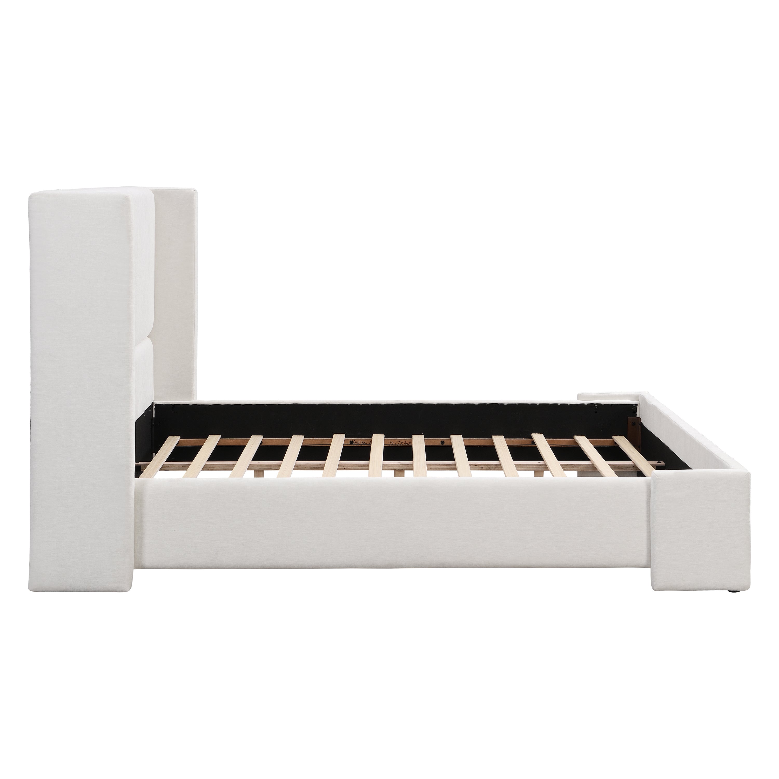 Elegant White Fabric Upholstered Bed with Tall Headboard