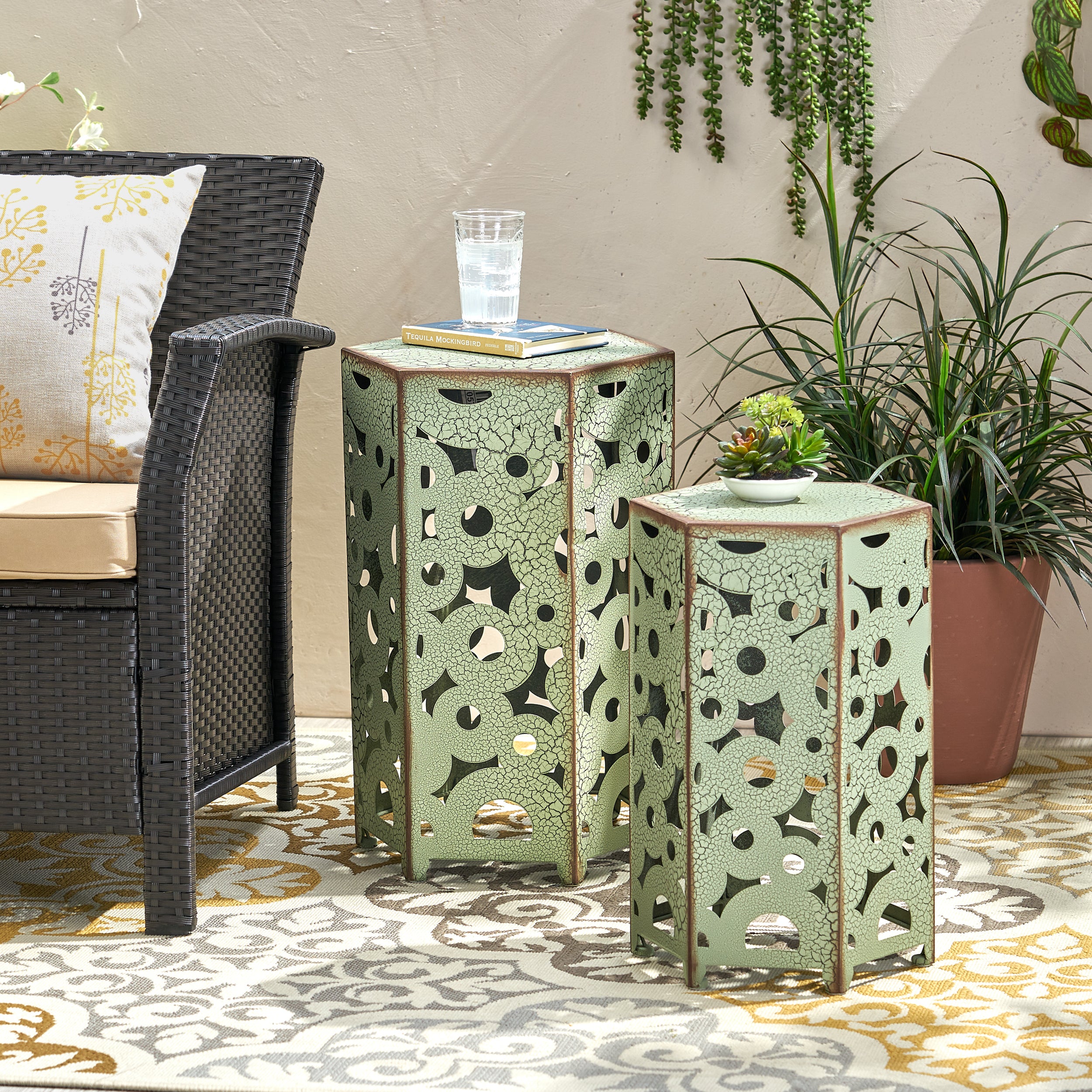 Wistfulness Outdoor Accent Table with Crackle Pattern and Iron Frame, Set of 2