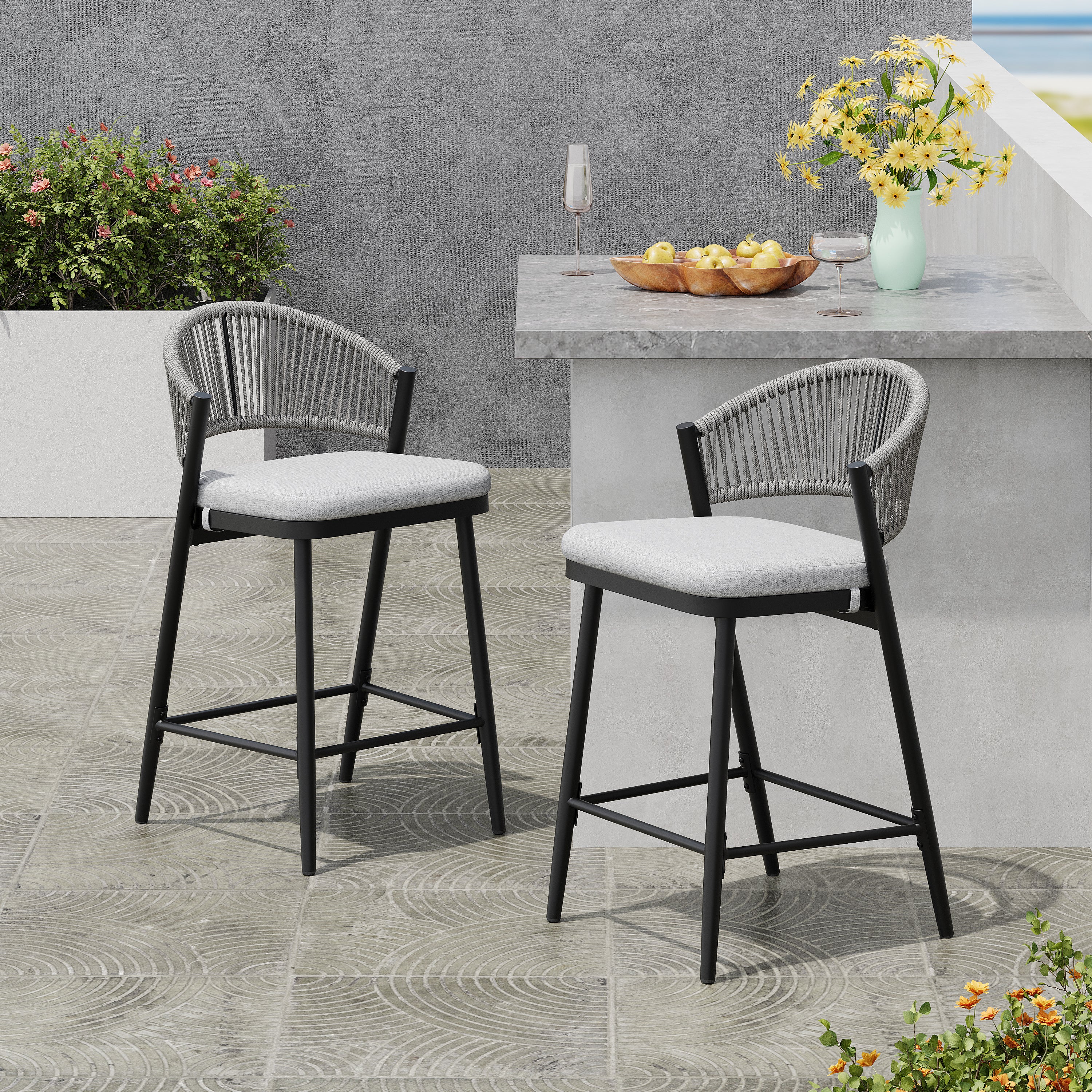 Outdoor Metal Frame Stools with Scallop-Shaped Backrest & Water-Resistant Cushions, Set of 2