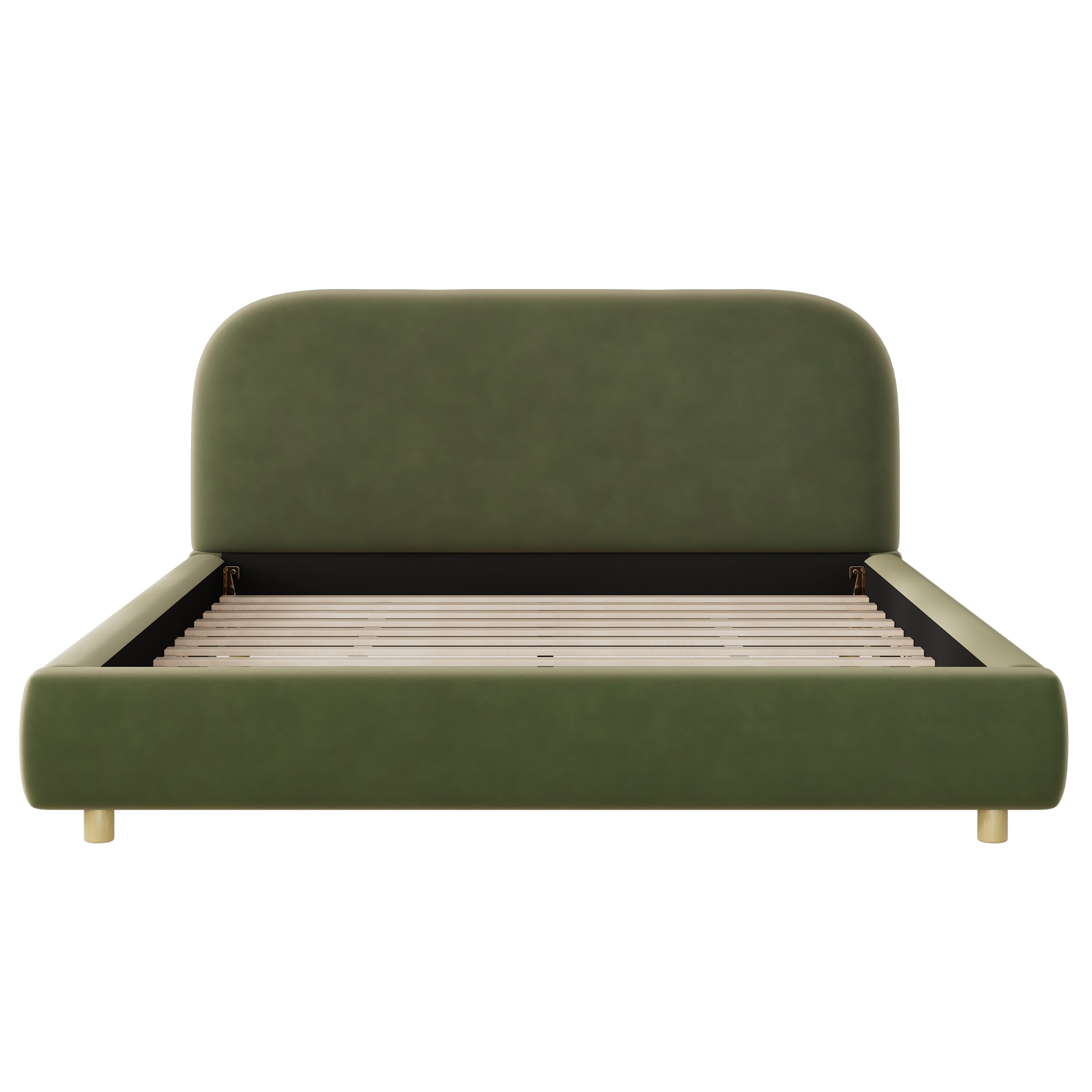 Olive Green Velvet Upholstered Platform Bed with Curve-Shaped Design Headboard