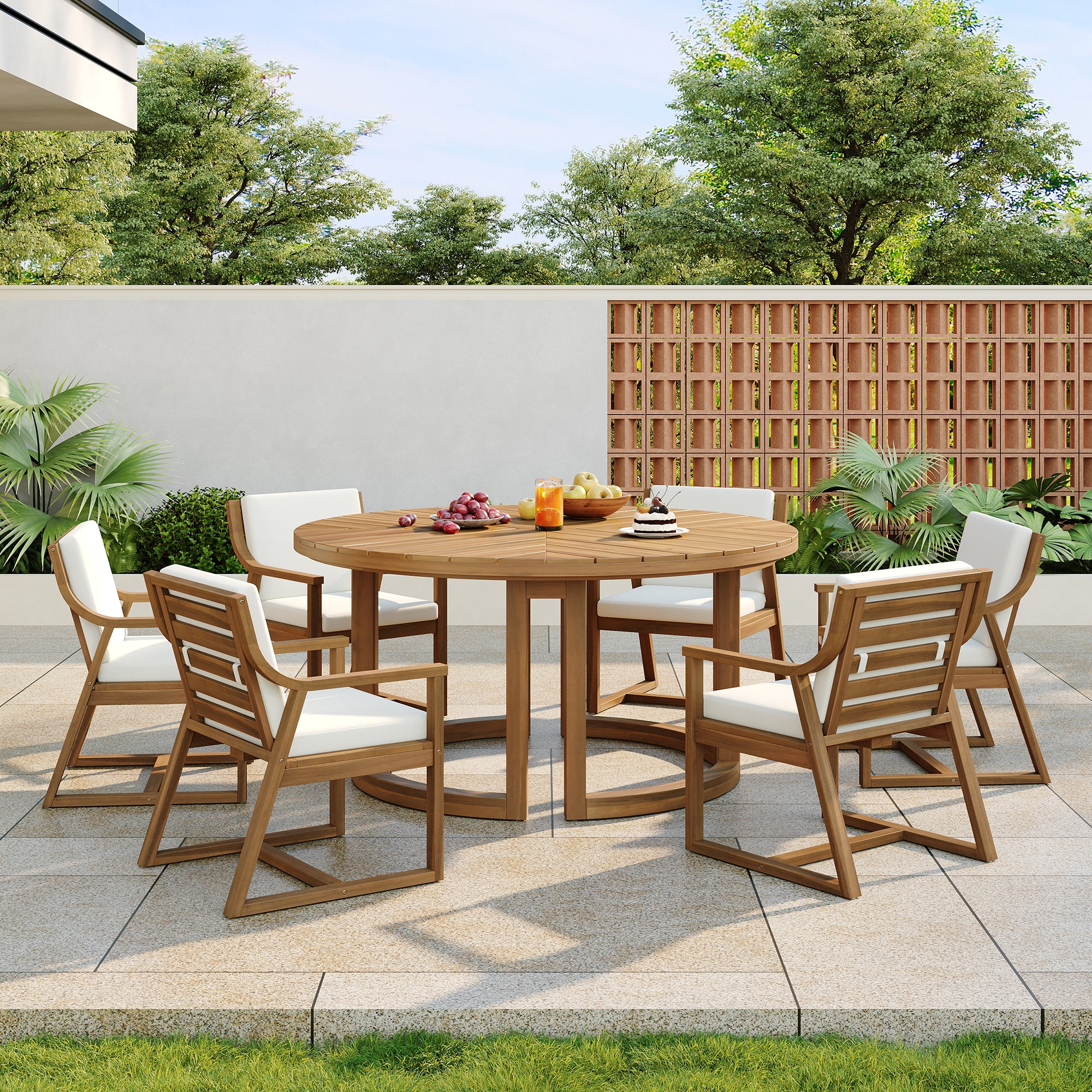TREXM Patio Dining Table Set for 6, Round Dining Table with 1.96" Umbrella Hole, Outdoor Wooden Patio Furniture Set with Removable Cushions for Garden, Backyard and Pools (Light Teak+Beige Cushion)