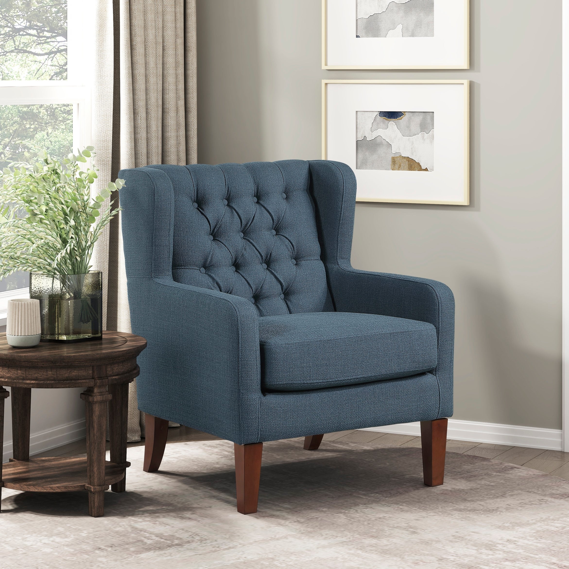 Button-Tufted Wingback Accent Chair with Solid Wood Legs
