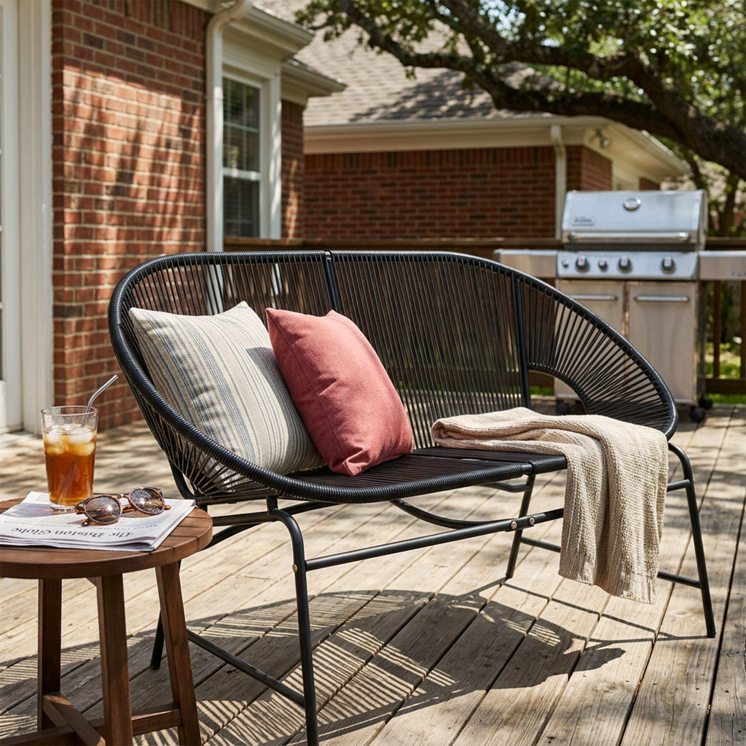 CONDESSA OUTDOOR PATIO WICKER LOVE SEAT, GREEN PE RATTAN & IRON FRAME, SET OF 1