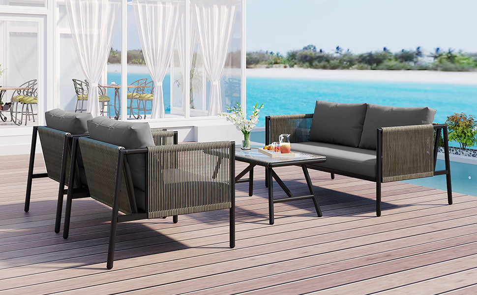 4-Piece Outdoor Sofa Set with Thick Cushions and Toughened Glass Table