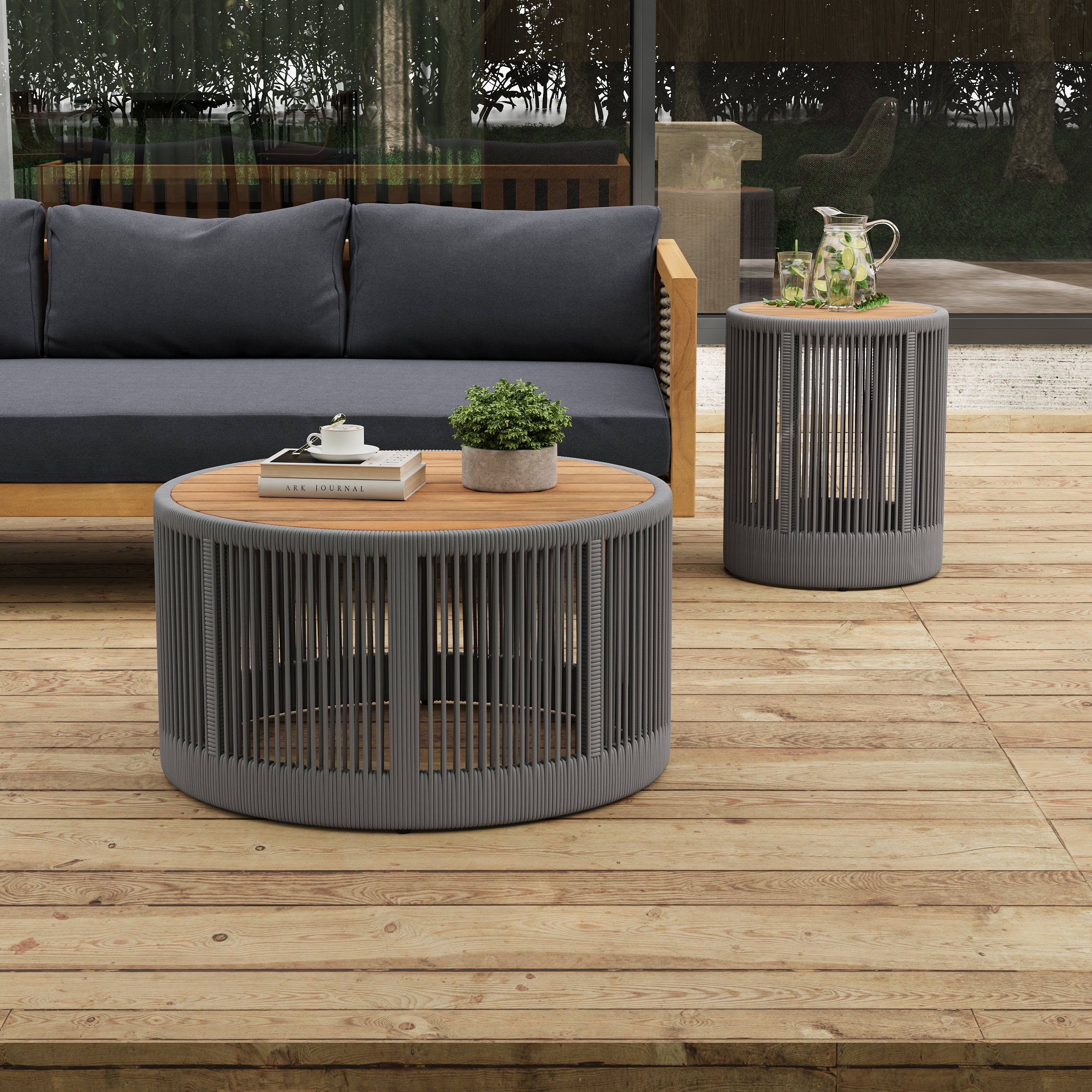 Sundara Outdoor Coffee & Side Table Set with Woven Rope Design