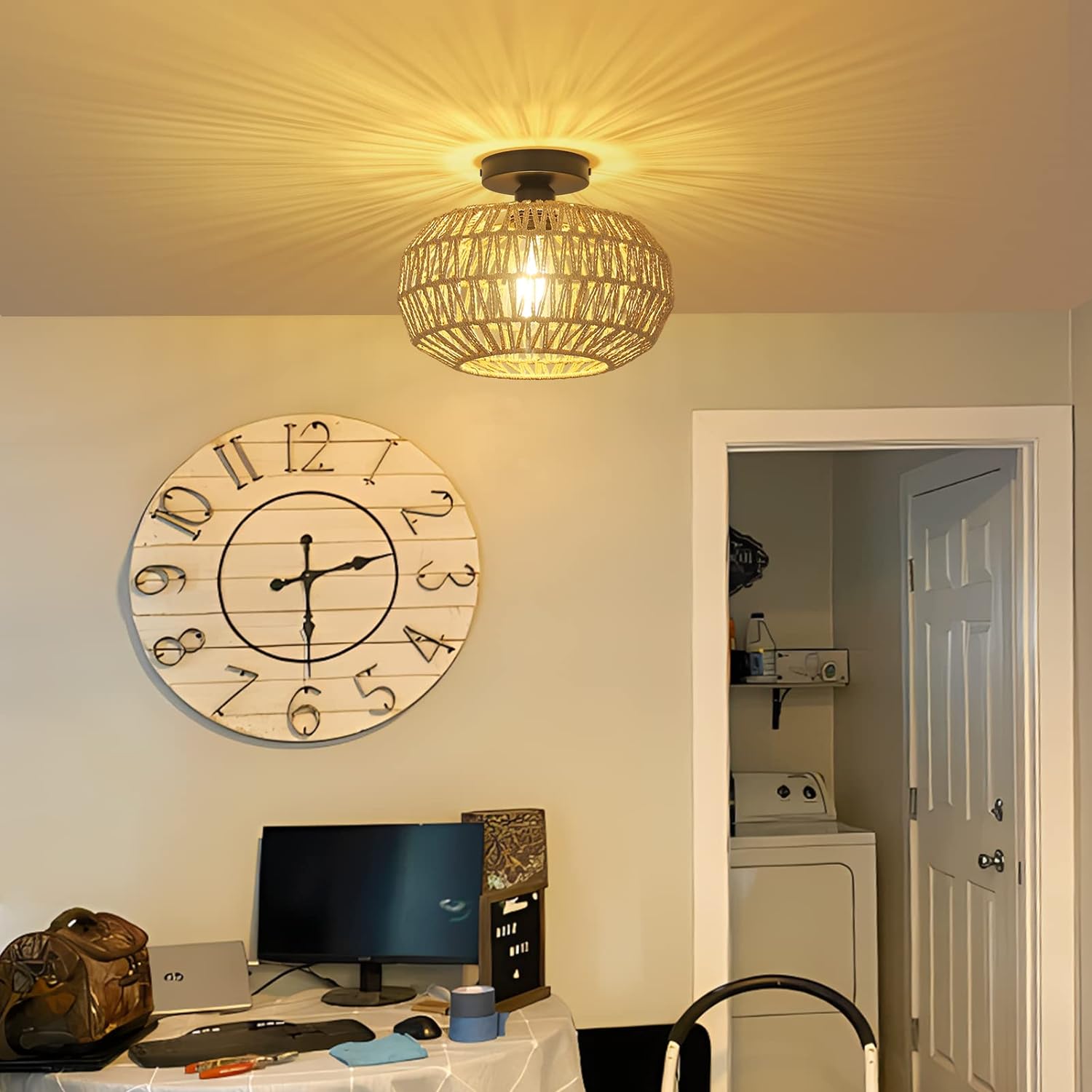 Ceiling Light Fixture with Dimmable LED and Hand-Woven Paper Rattan Cage