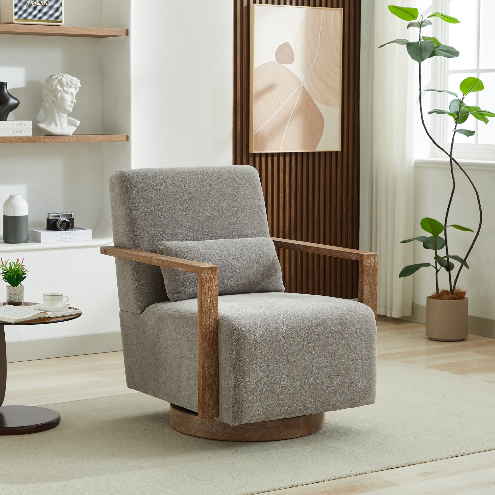 Swivel Modern Upholstered Accent Chair with Solid Wood Armrests