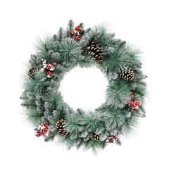 24 in Indoor/Outdoor Pinecones and Red Berries Sterling Spruce Wreath with White Frosted Branch Tips and Sliver Glitter Accents