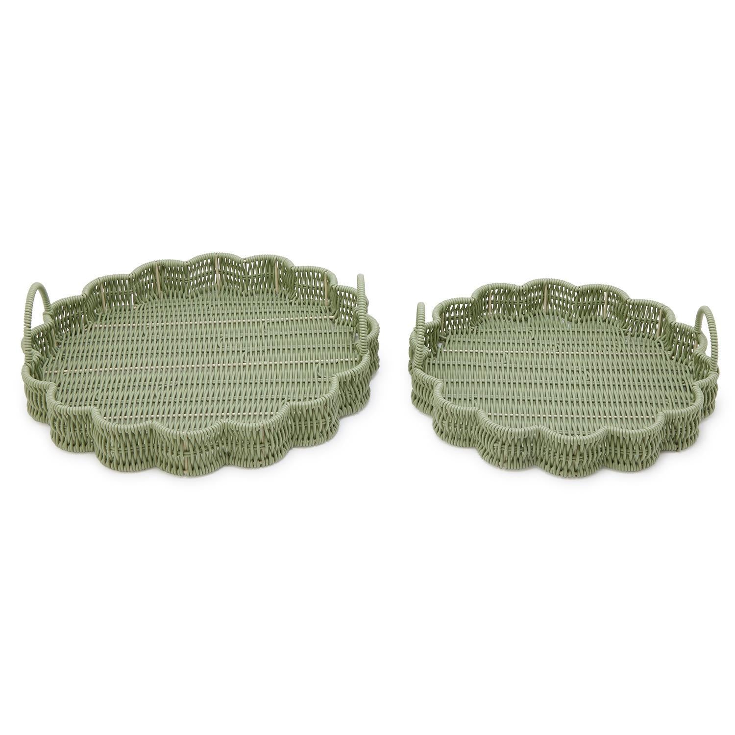 All Weather Wicker Scalloped Edge Green Round Serving Tray, Set of 2