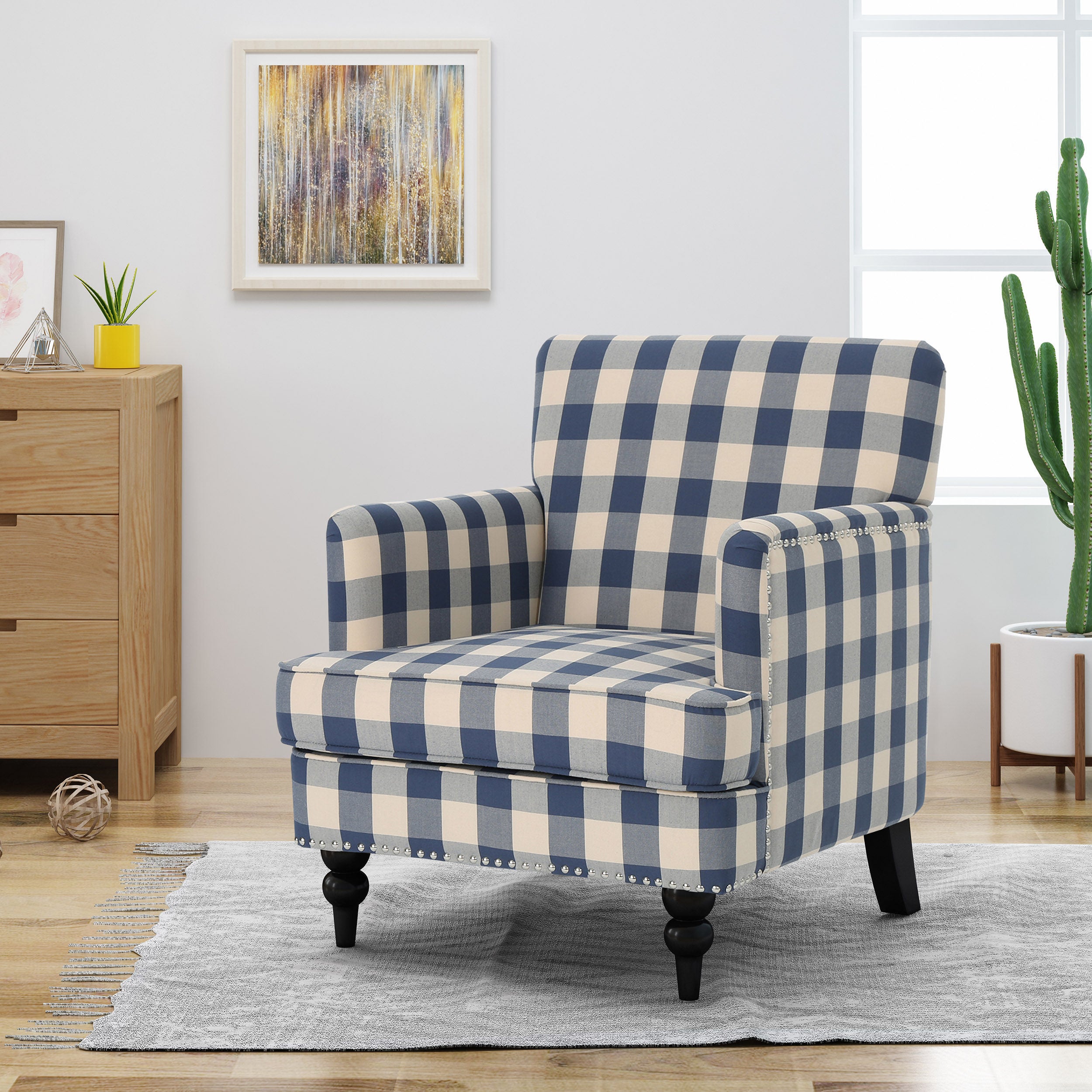Harrison Blue Gingham Tufted Nailhead Accent Chair with Wood Legs
