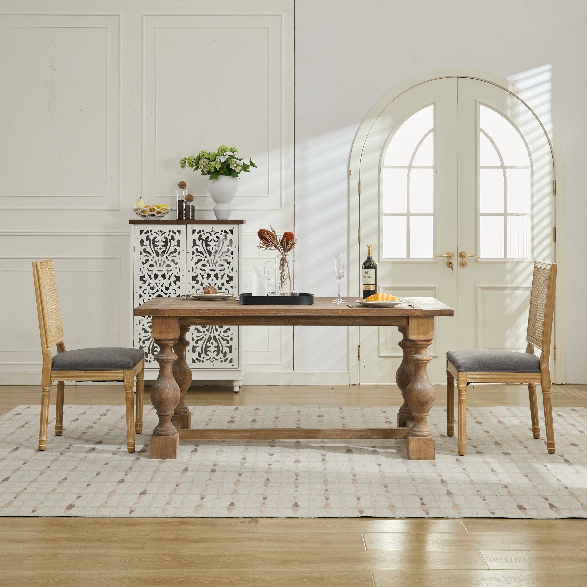 Louis French Country Dining Chairs with Square Rattan Backrest, Set of 2