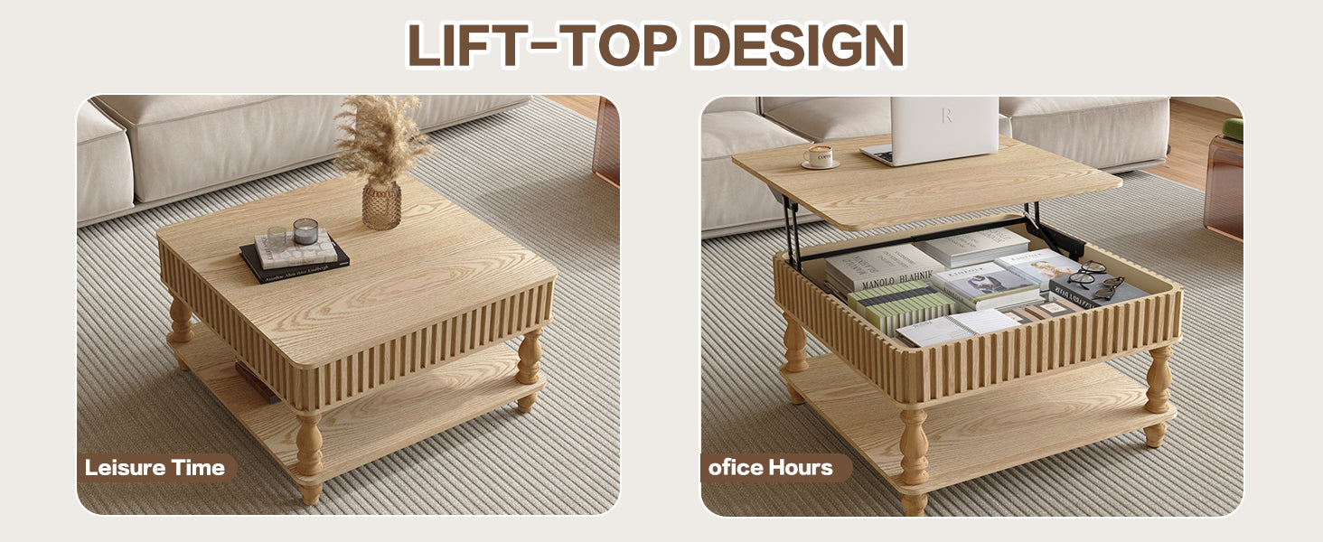 Square Fluted Lift-Top Coffee Table with Hidden & Open Storage