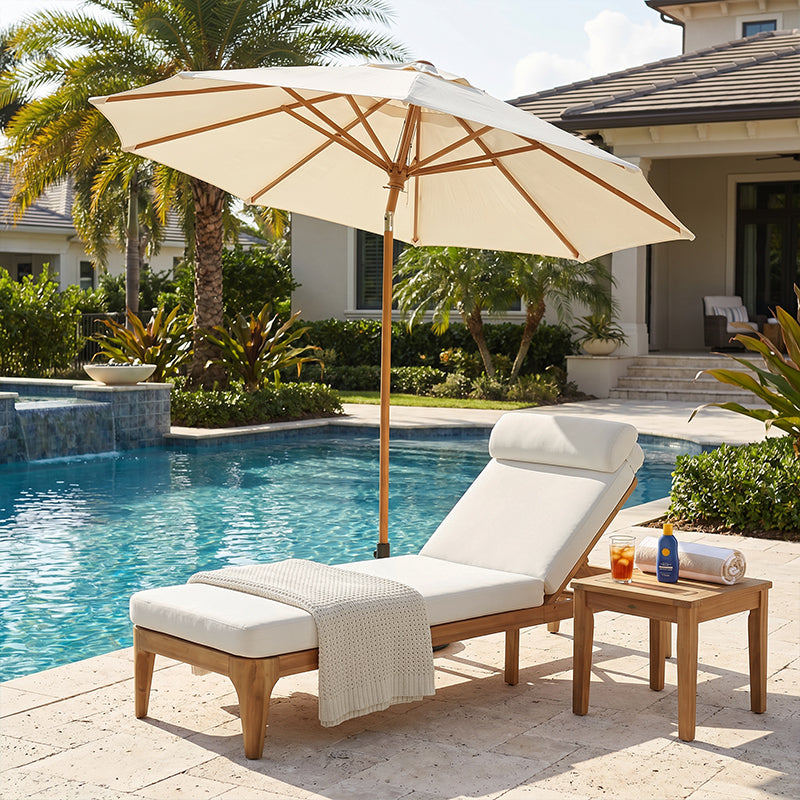 Outdoor Acacia Wood Sun Lounge Chair, Patio Recliner with Adjustable Backrest and Head Pillow