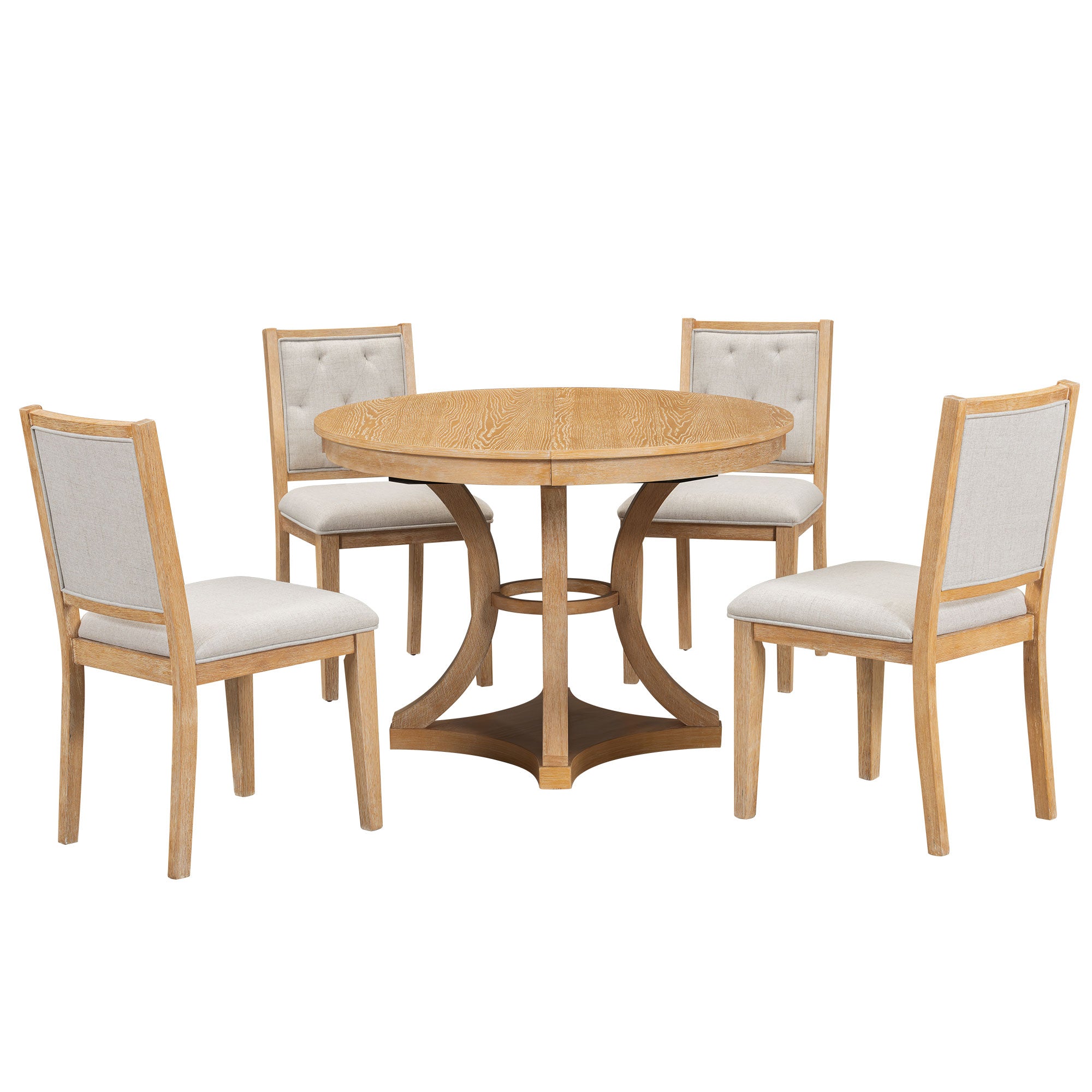Retro Round Dining Table Set with Extendable Round Table and 4 Upholstered Chairs