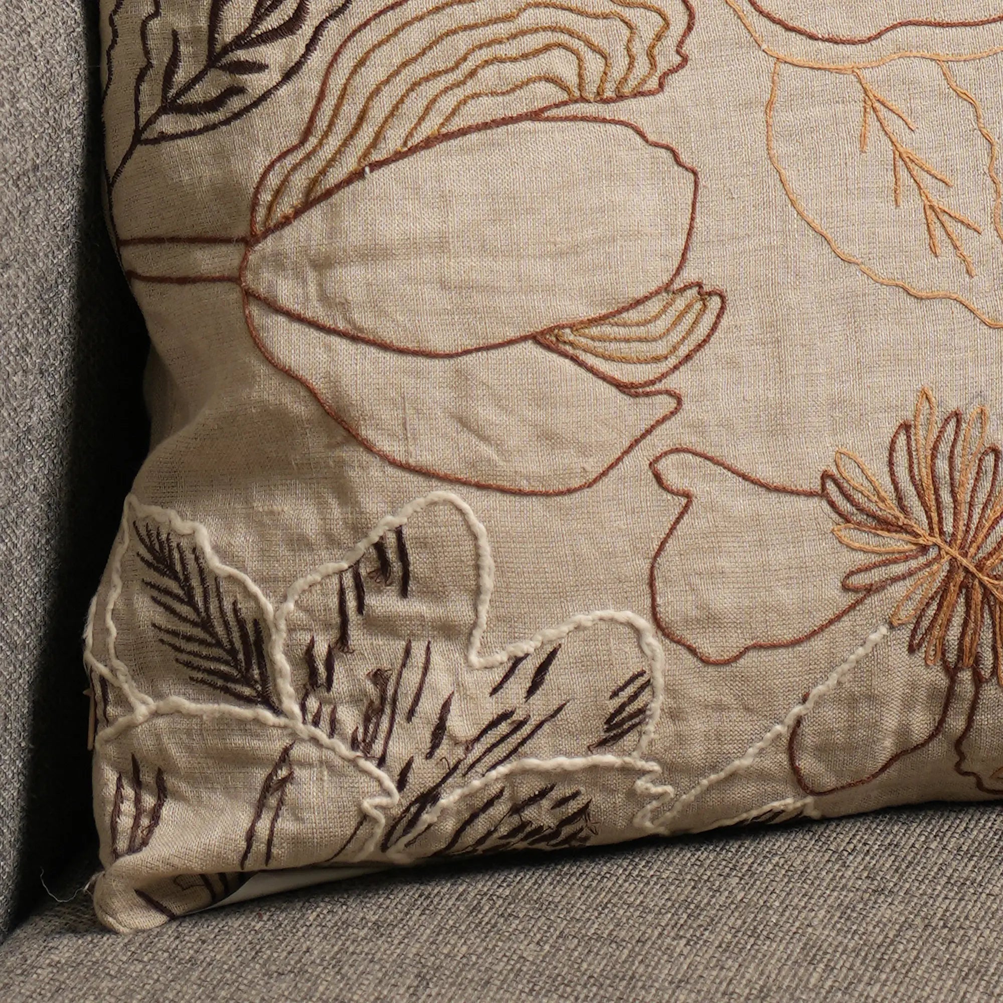 100% Linen Floral Embroidered Cushion