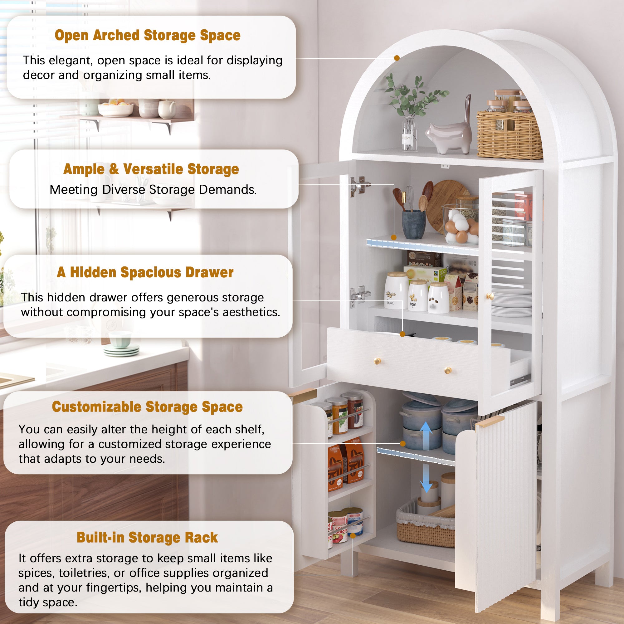 Fluted Arched Storage Cabinet with Adjustable Shelves