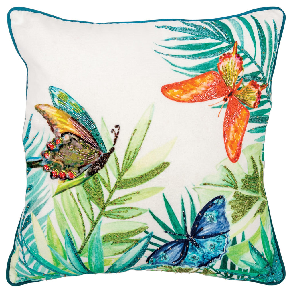 Digital Print And Embroidery Cotton Botanical With Butterflies Decorative Throw Pillow