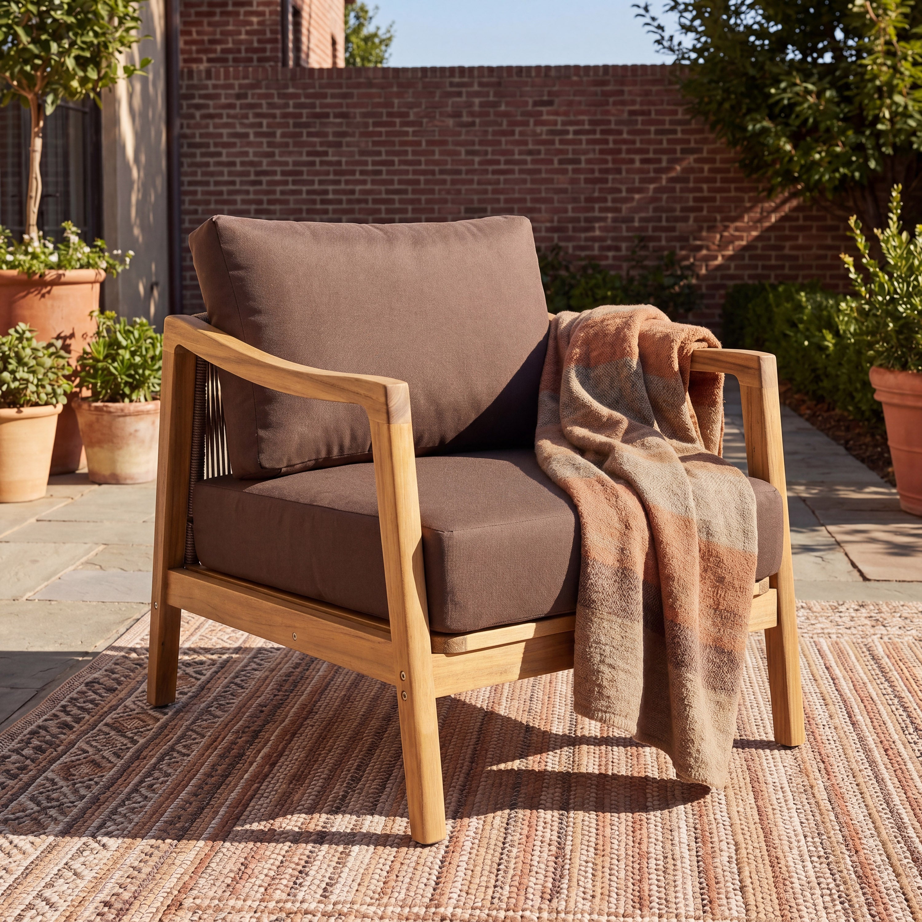 Outdoor Club Chair, Acacia Wood Frame with Rope Back Detail, Water-Repellent Beige Cushions