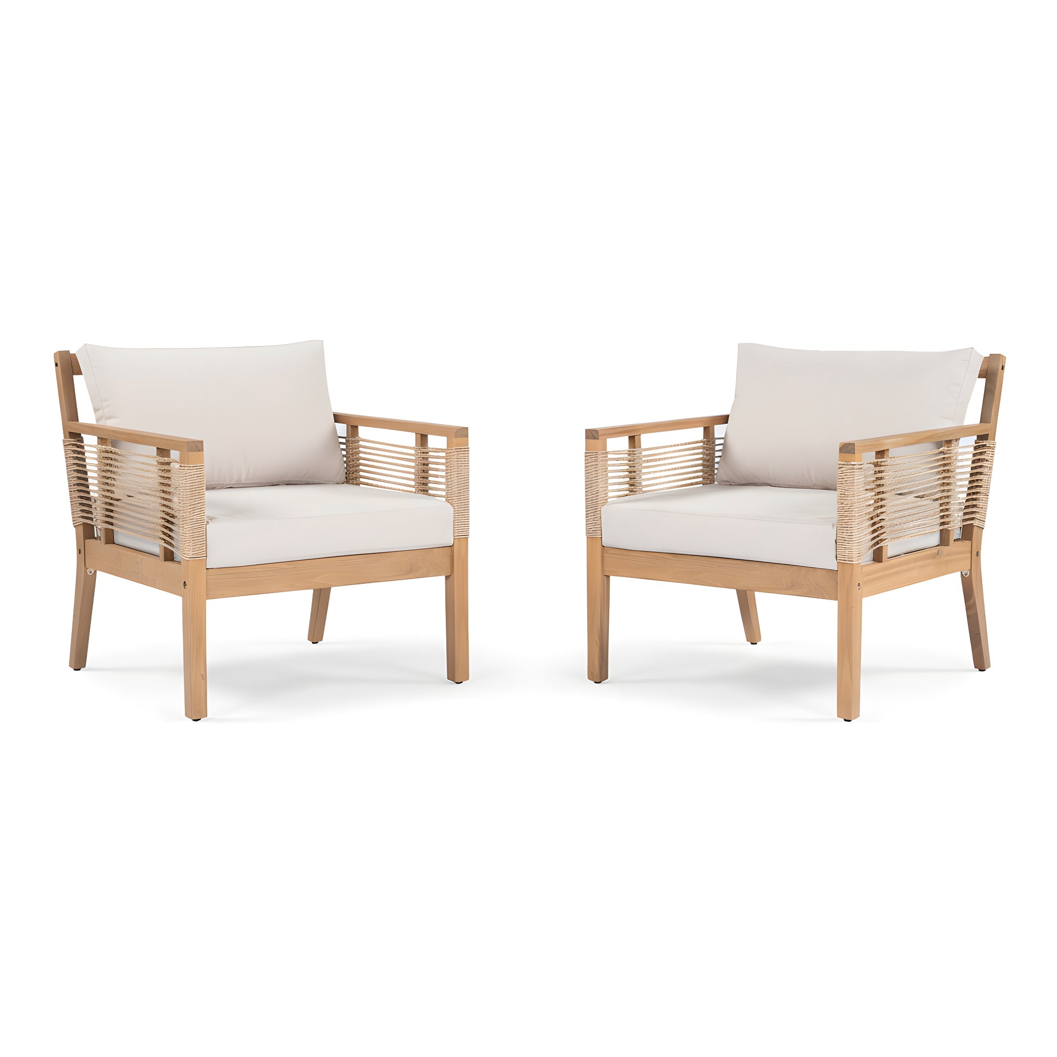 Kirana Outdoor Acacia Wood Club Chairs with Hand-Woven Twist Rope, Set of 2