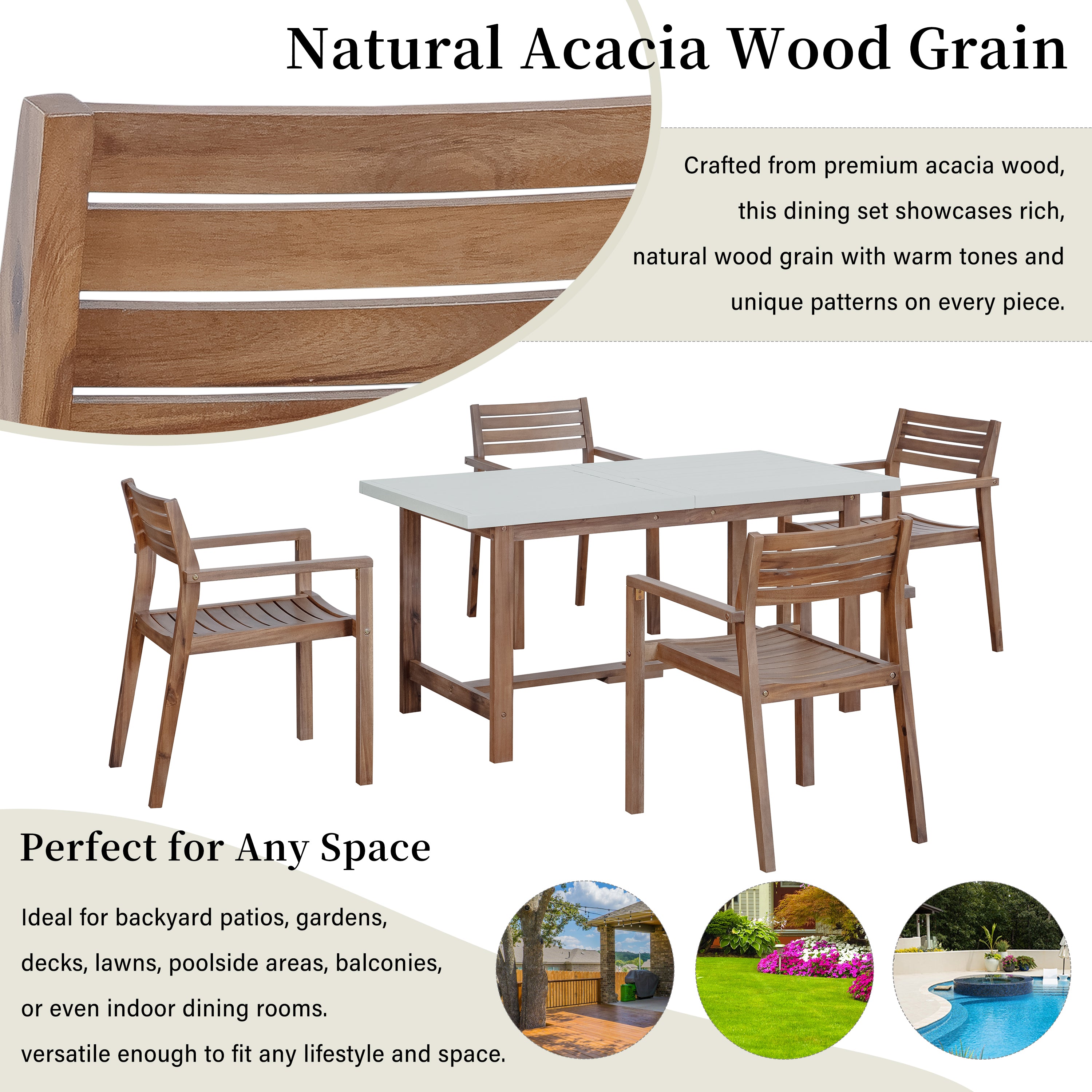 U_STYLE 5-Piece Outdoor Acacia Wood Outdoor Dining Set of 4,59.06-Inch Rectangular Table with Umbrella Hole,Suitable for Patio, Lawn, Garden, Poolside, & Indoor Use