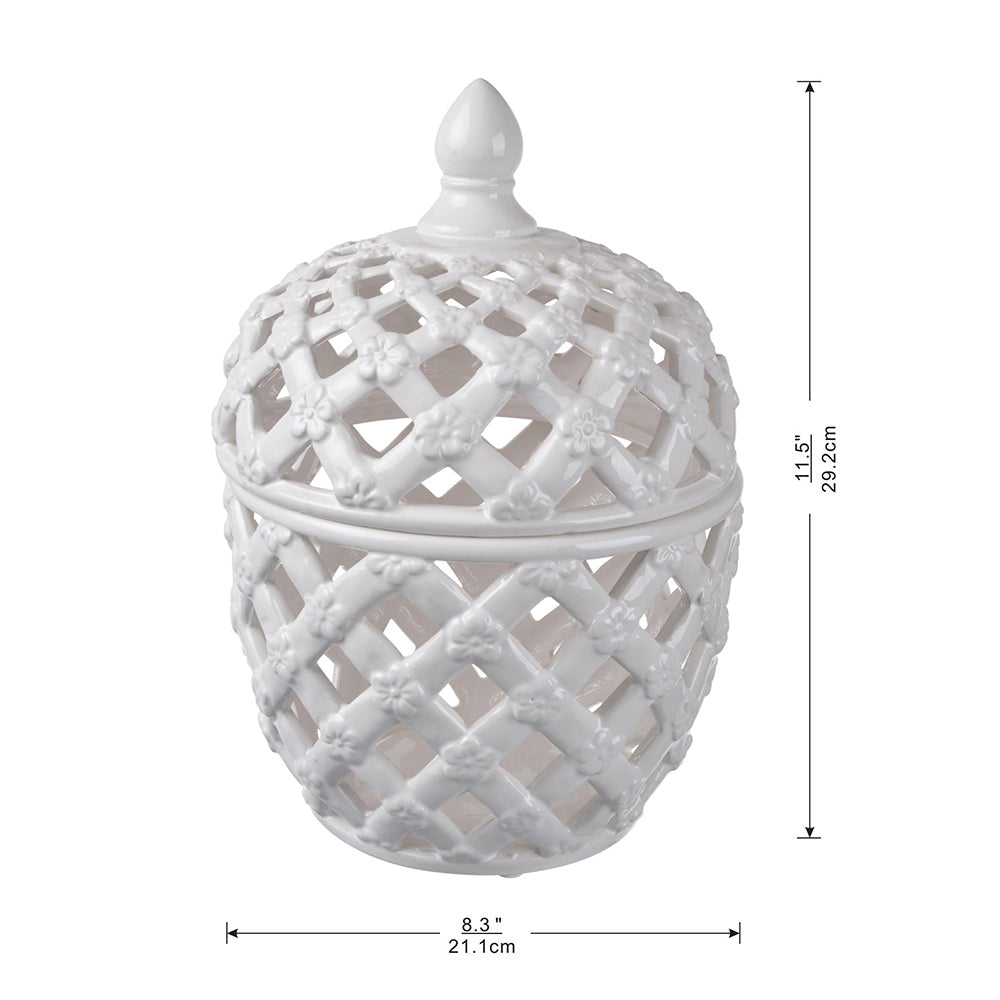 Brackets Ceramic Lidded Jar with Lattice Design and Tiny Flower Pattern