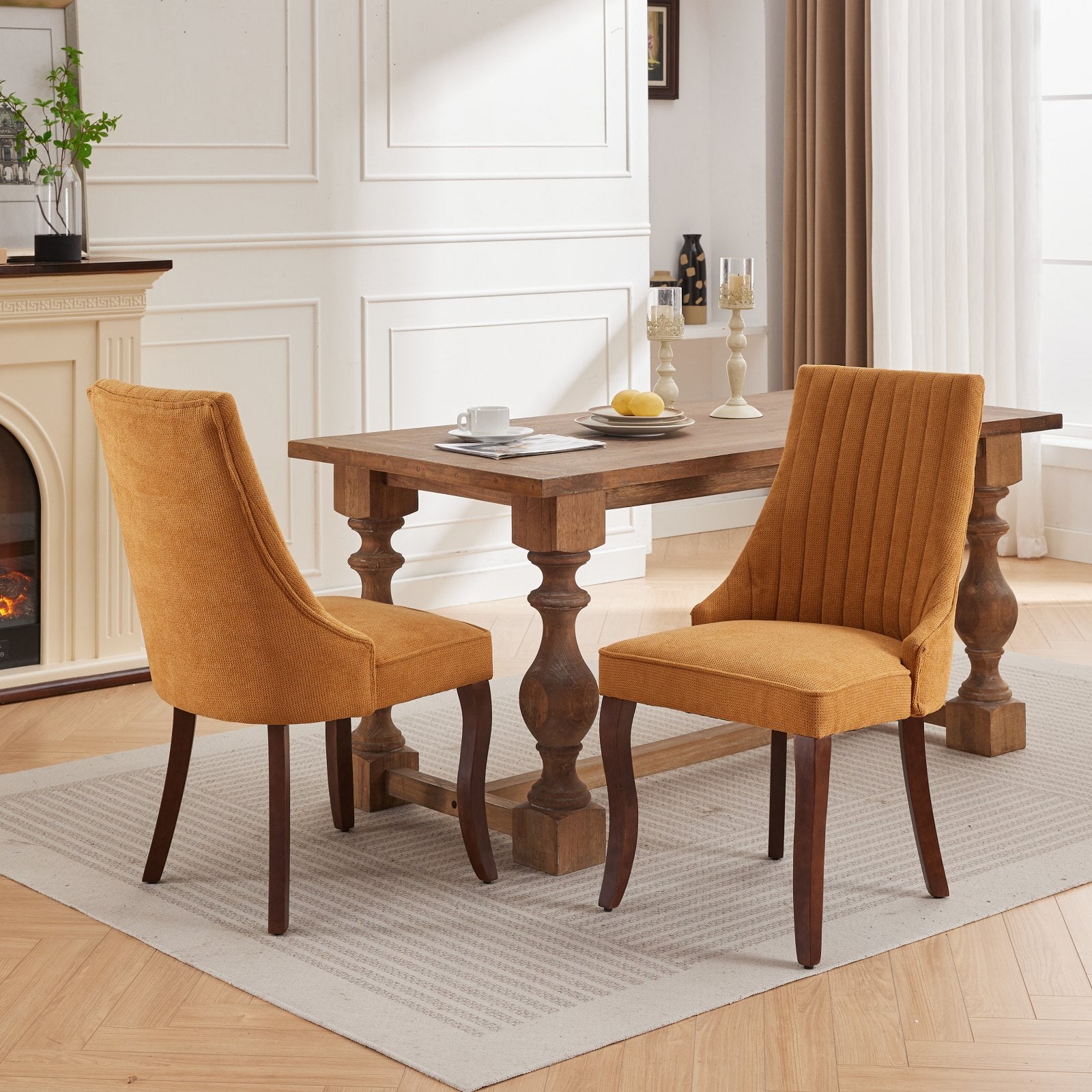 Rayon Cloth Flocking Linen Dining Chairs Channel Kitchen Dinner Chair Comfy Fabric Upholstered Accent Chair for Dining Room with Curved Solid Wood Legs,Set of 2 (Gold), SW1847GL