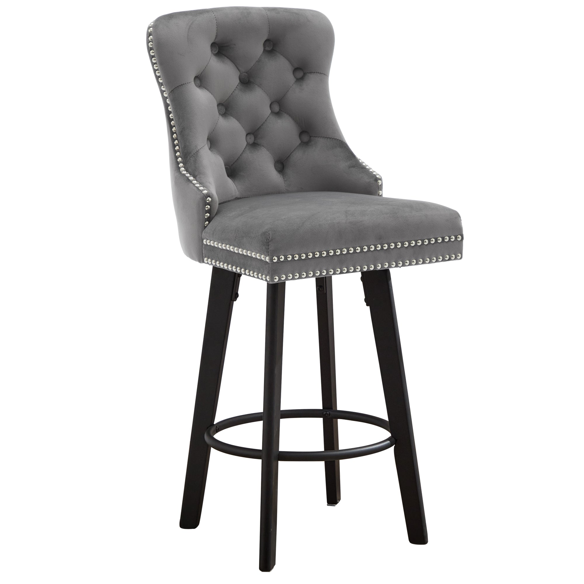 Modern Velvet Button Tufted Swivel Bar Stool with Metal Pull Ring