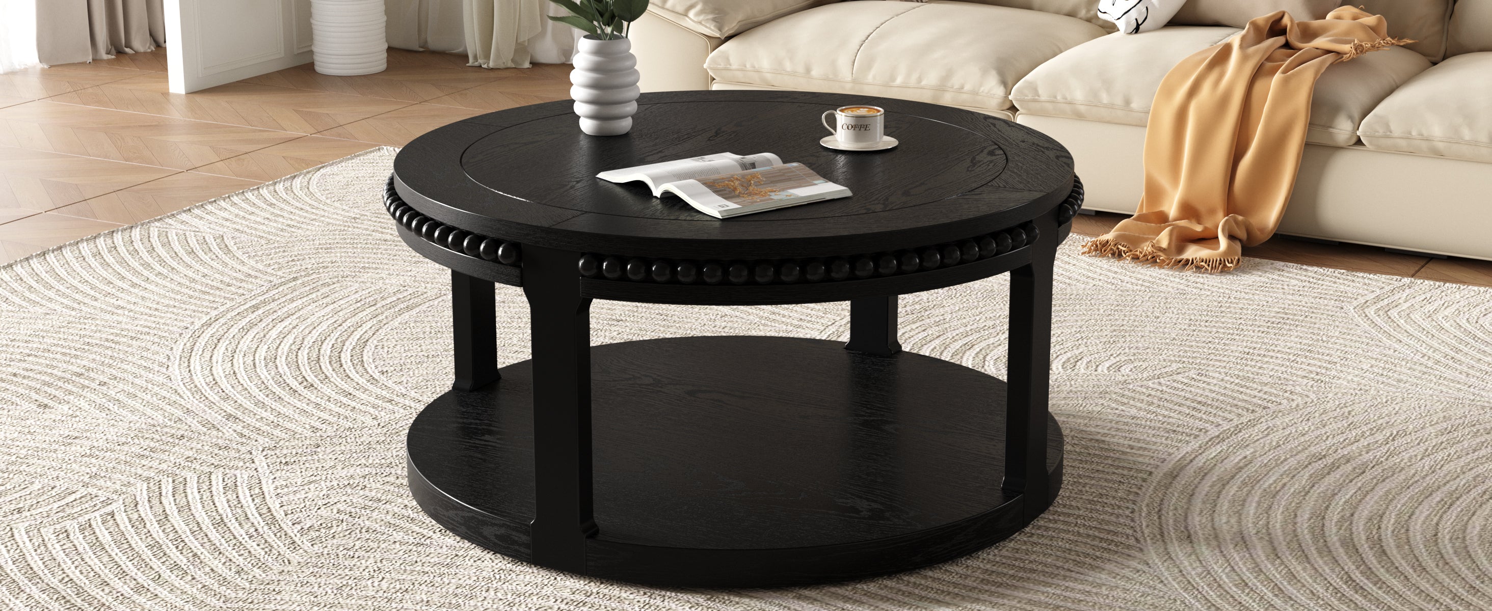 Round Solid Wood Coffee Table with Beaded Accent Edge
