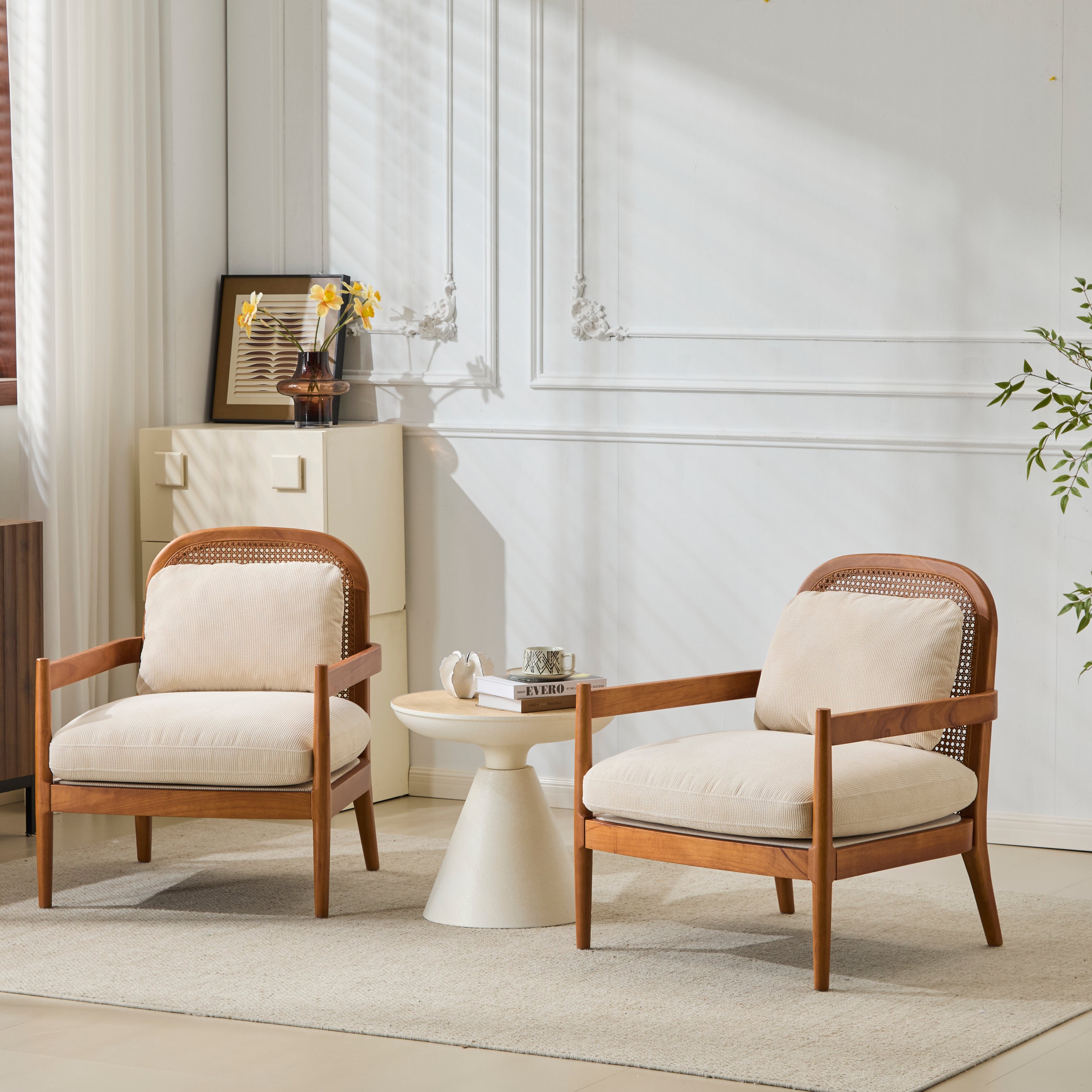 Elliston Solid Wood and Rattan Accent Chair with Cushions, Set of 2