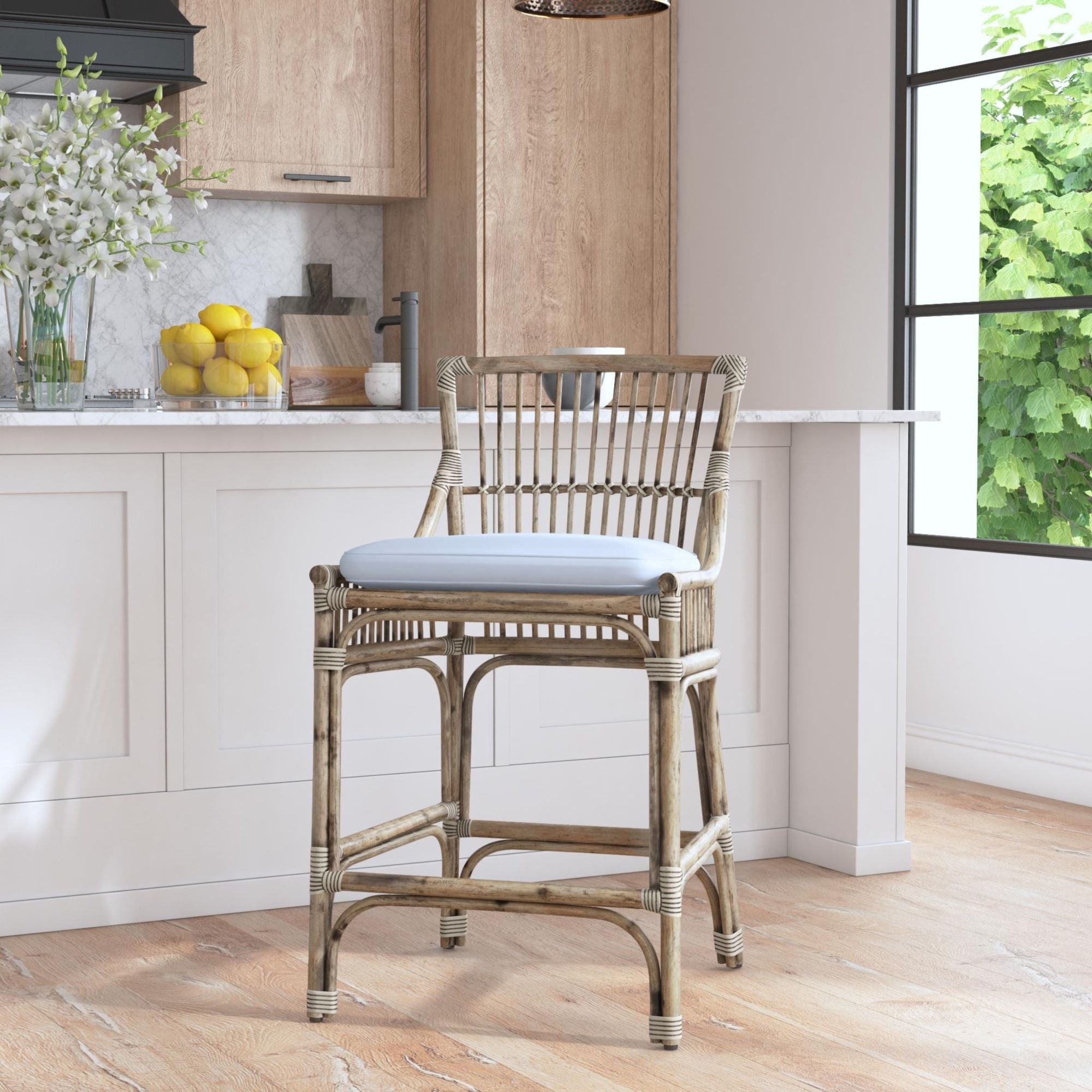 Rattan Slat Back Counter Stool Light Gray