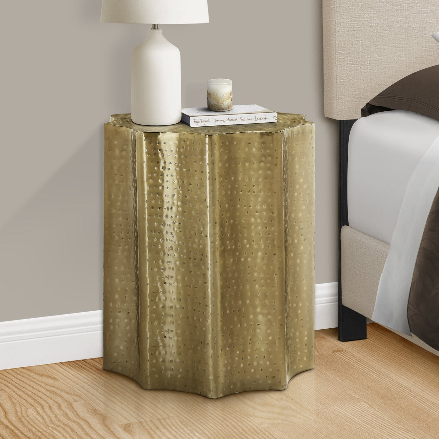 Artifact End Table with Scalloped Design and Hammered Texture