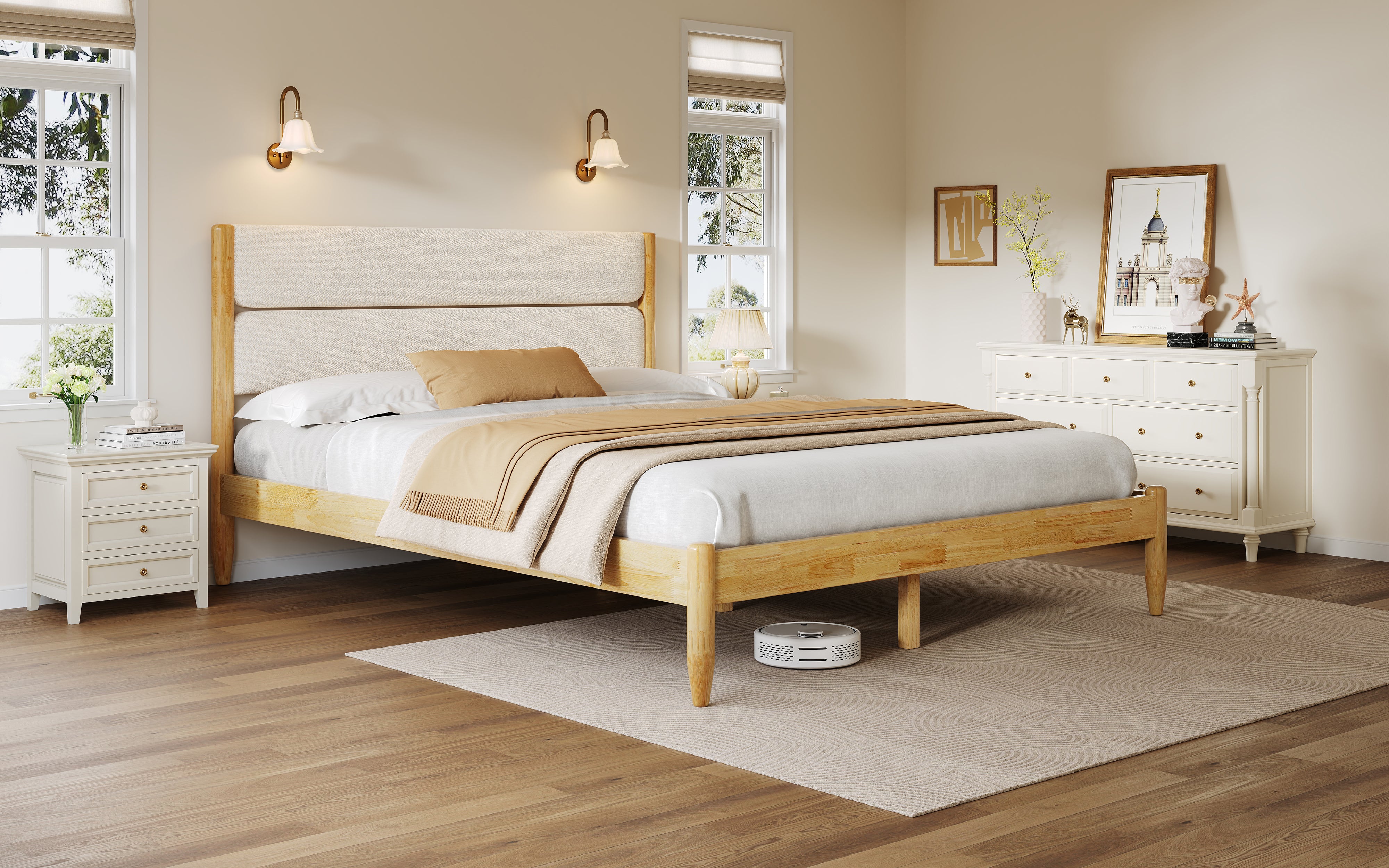 Solid Wood Bed Frame With Fleece Upholstered Headboard