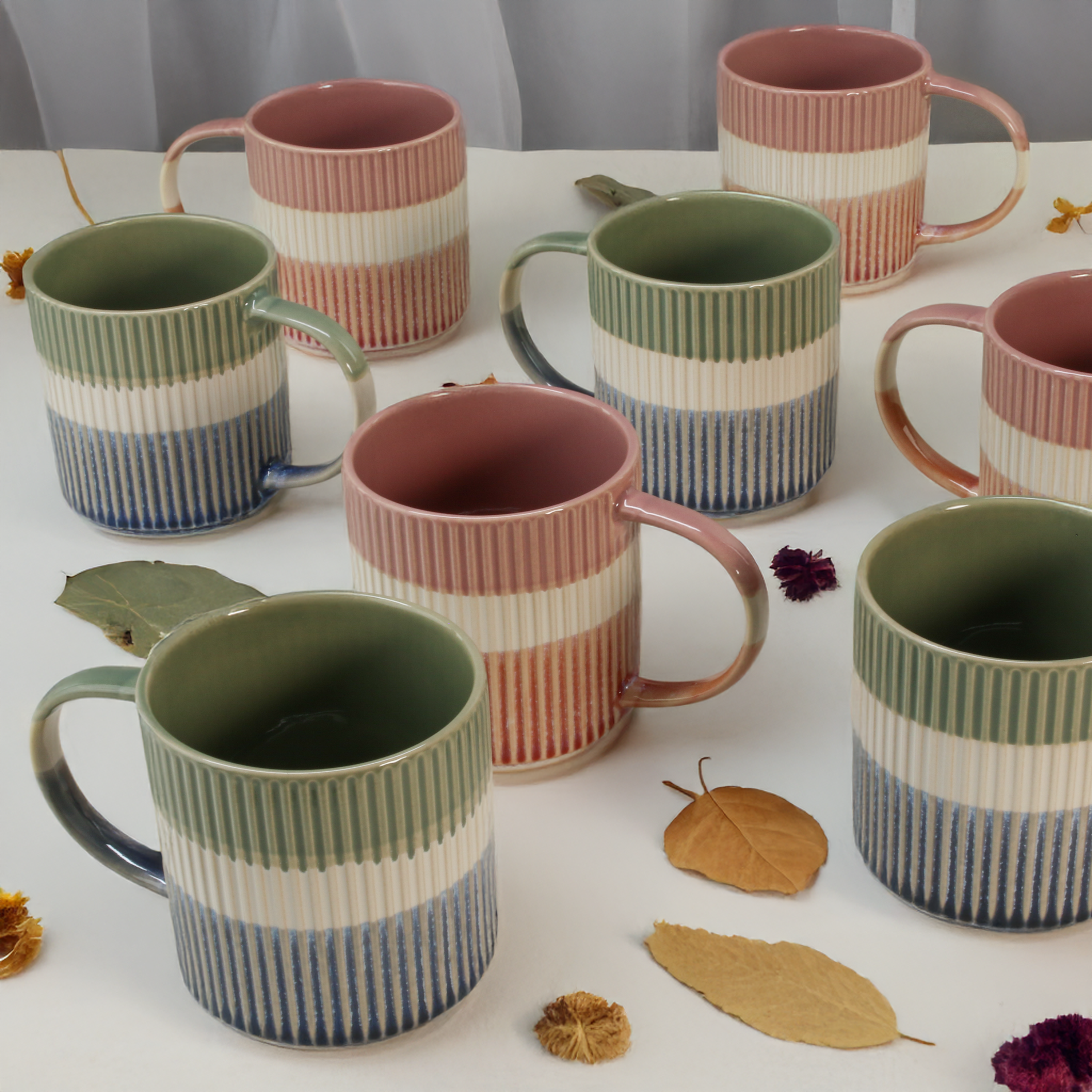 Tri-Color Mugs, Set of 8