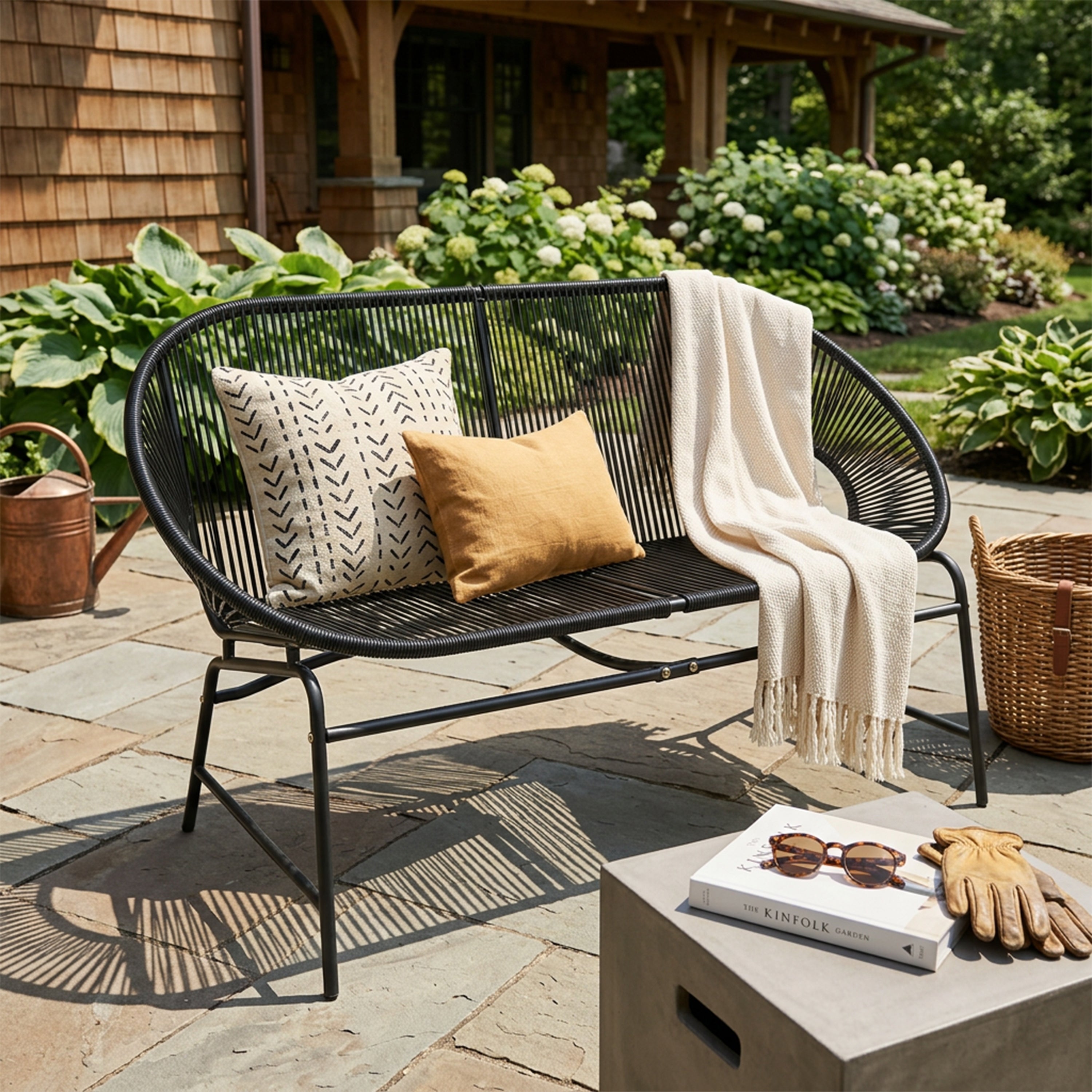 CONDESSA OUTDOOR PATIO WICKER LOVE SEAT, GREEN PE RATTAN & IRON FRAME, SET OF 1
