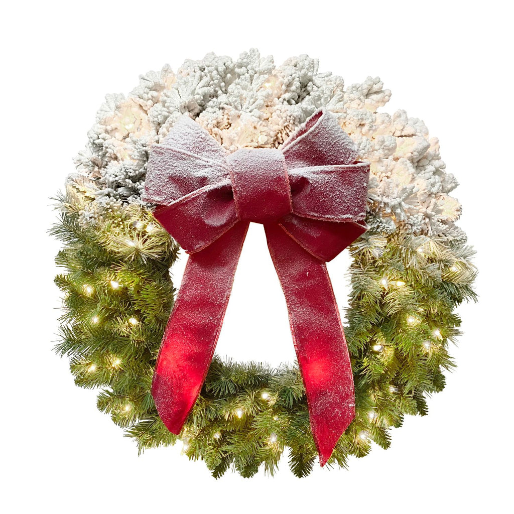 Pre-lit 30" Half Flocked Artificial Christmas Wreath with Clear Lights & Red Bow