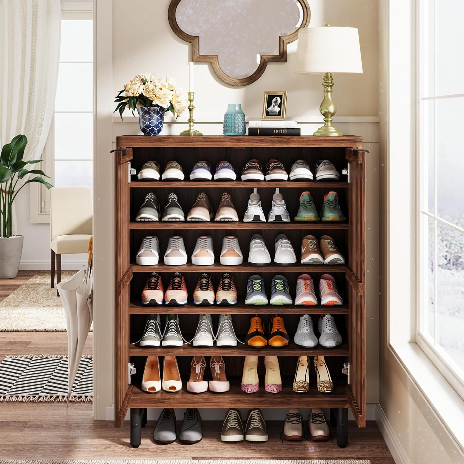 Modern Black Wooden 6-Tier Shoe Cabinet with Louvered Doors