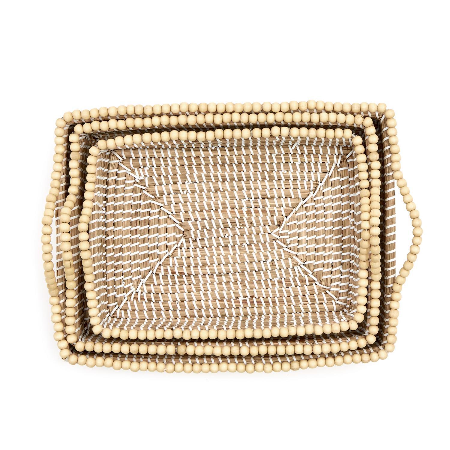 Natural Seagrass Rectangle Trays with Wooden Bead Accent, Set of 3