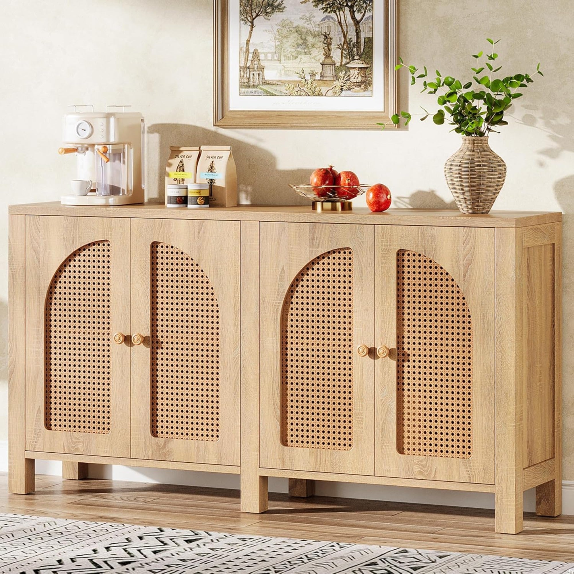 59" Rattan Natural Buffet Sideboard Credenza Cabinet with 4 Doors