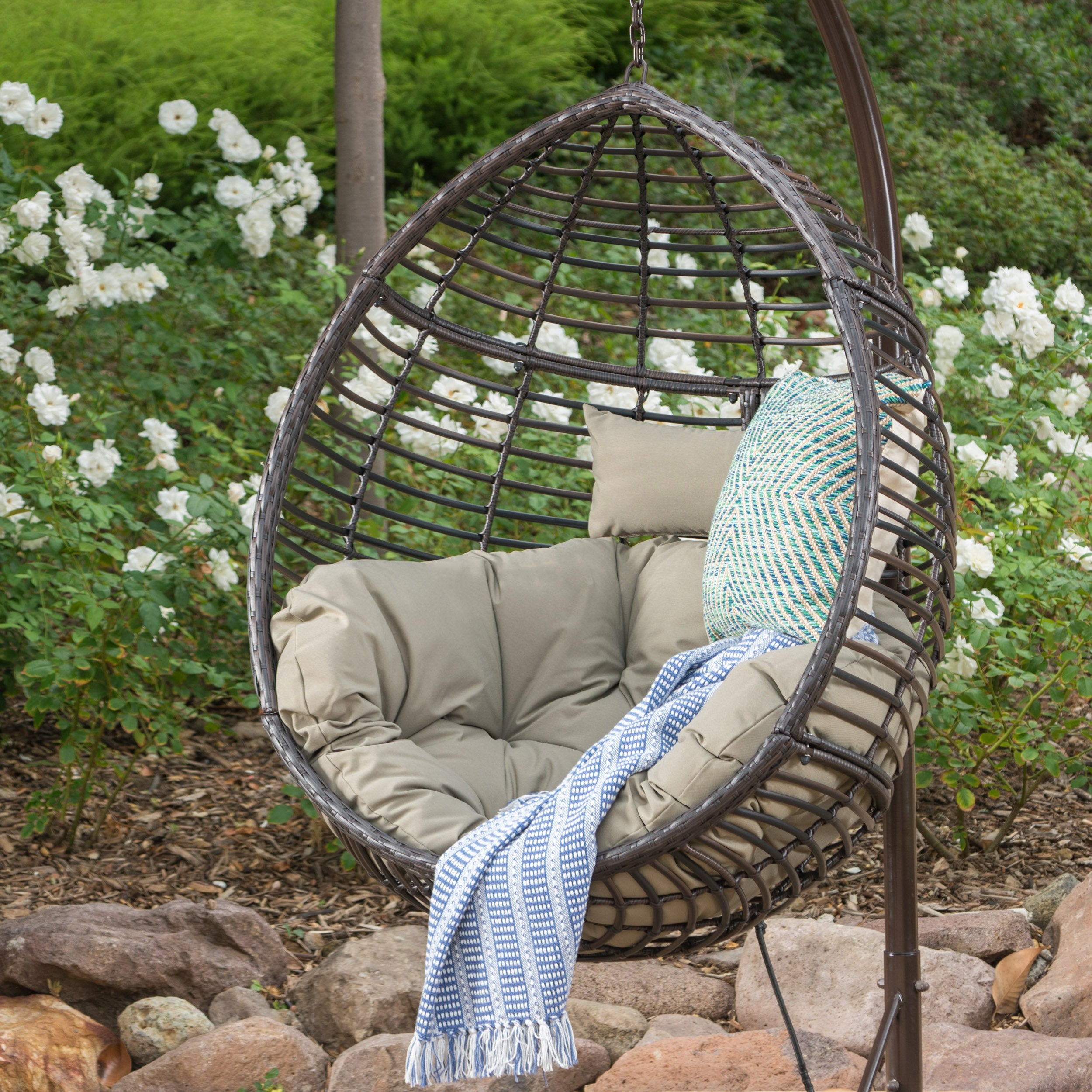 Liberation Outdoor Hanging Basket Chair with Metal Frame and Seat Cushion