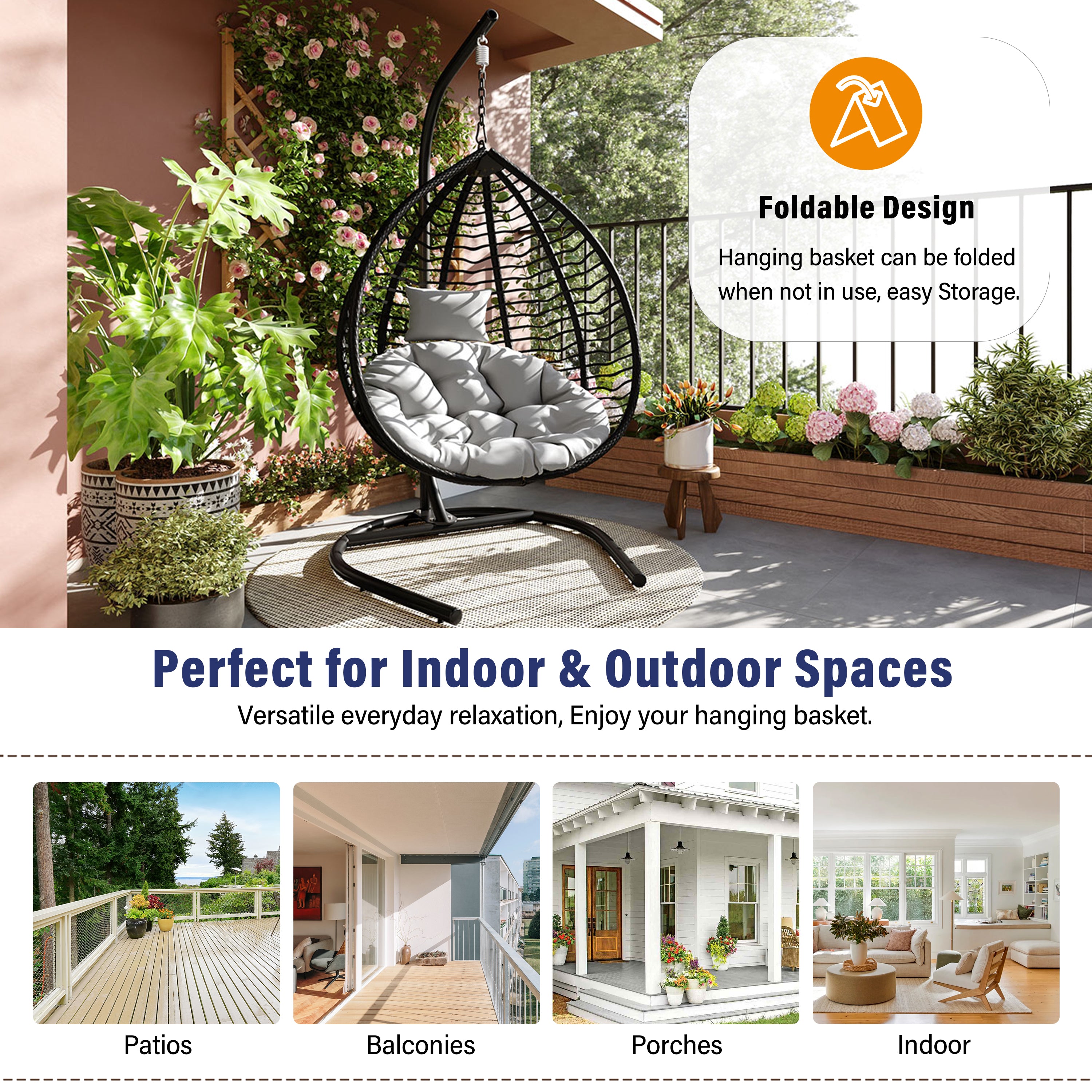 Foldable Rattan Egg Swing Chair with Iron Frame, Plush Cushion & Removable Headrest