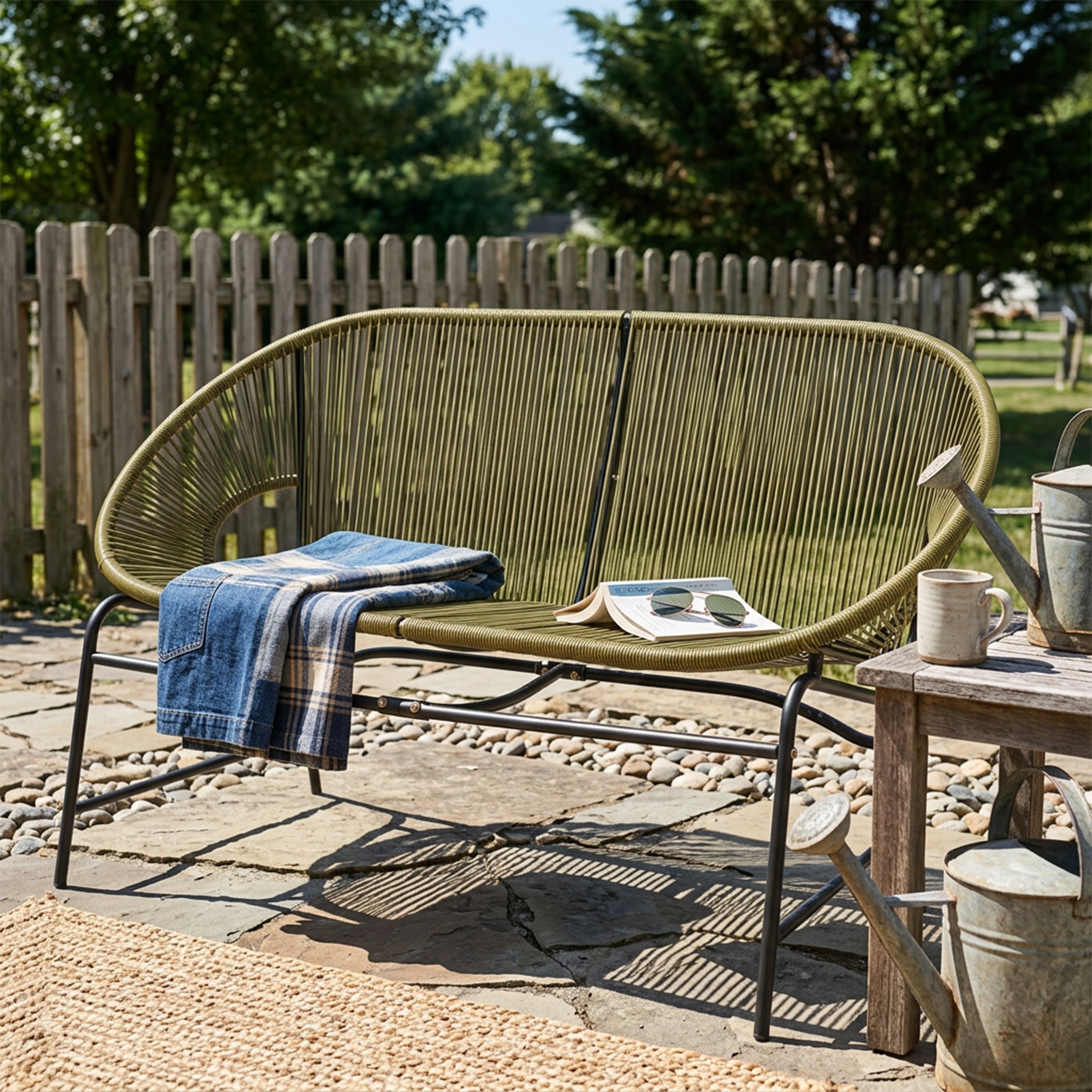CONDESSA OUTDOOR PATIO WICKER LOVE SEAT, GREEN PE RATTAN & IRON FRAME, SET OF 1