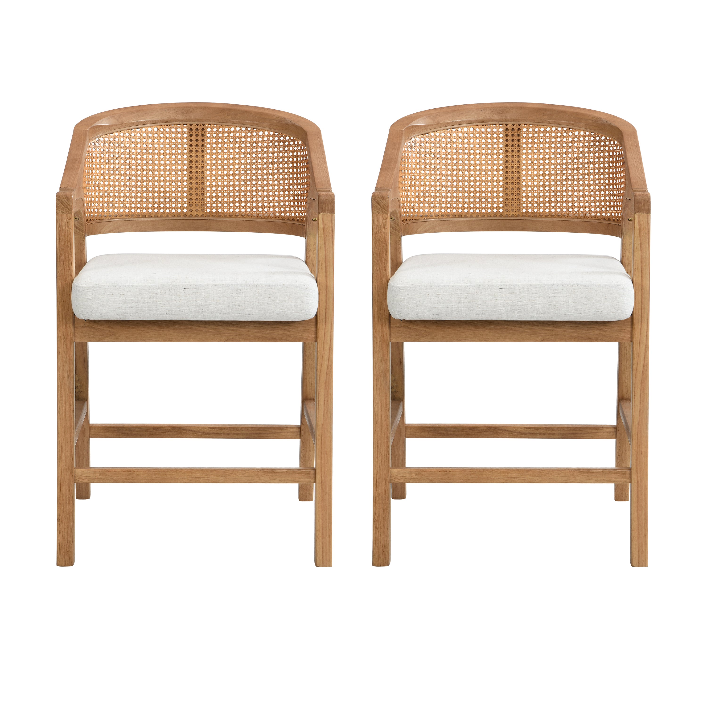 Wooden Frame Counter Stool with Rattan Back, Set of 2
