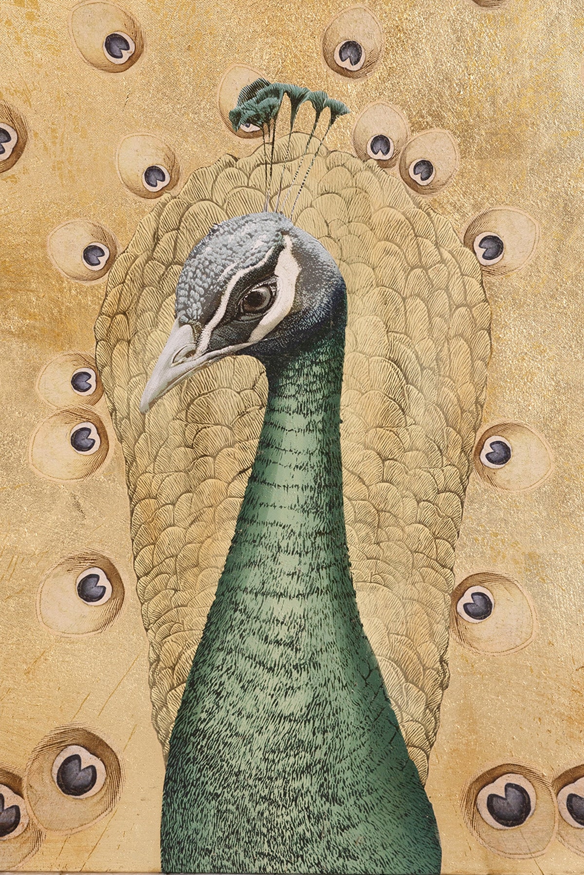 Hand-Painted Peacock Wall Art with Textured Gold Background, 30.7" x 46.5"